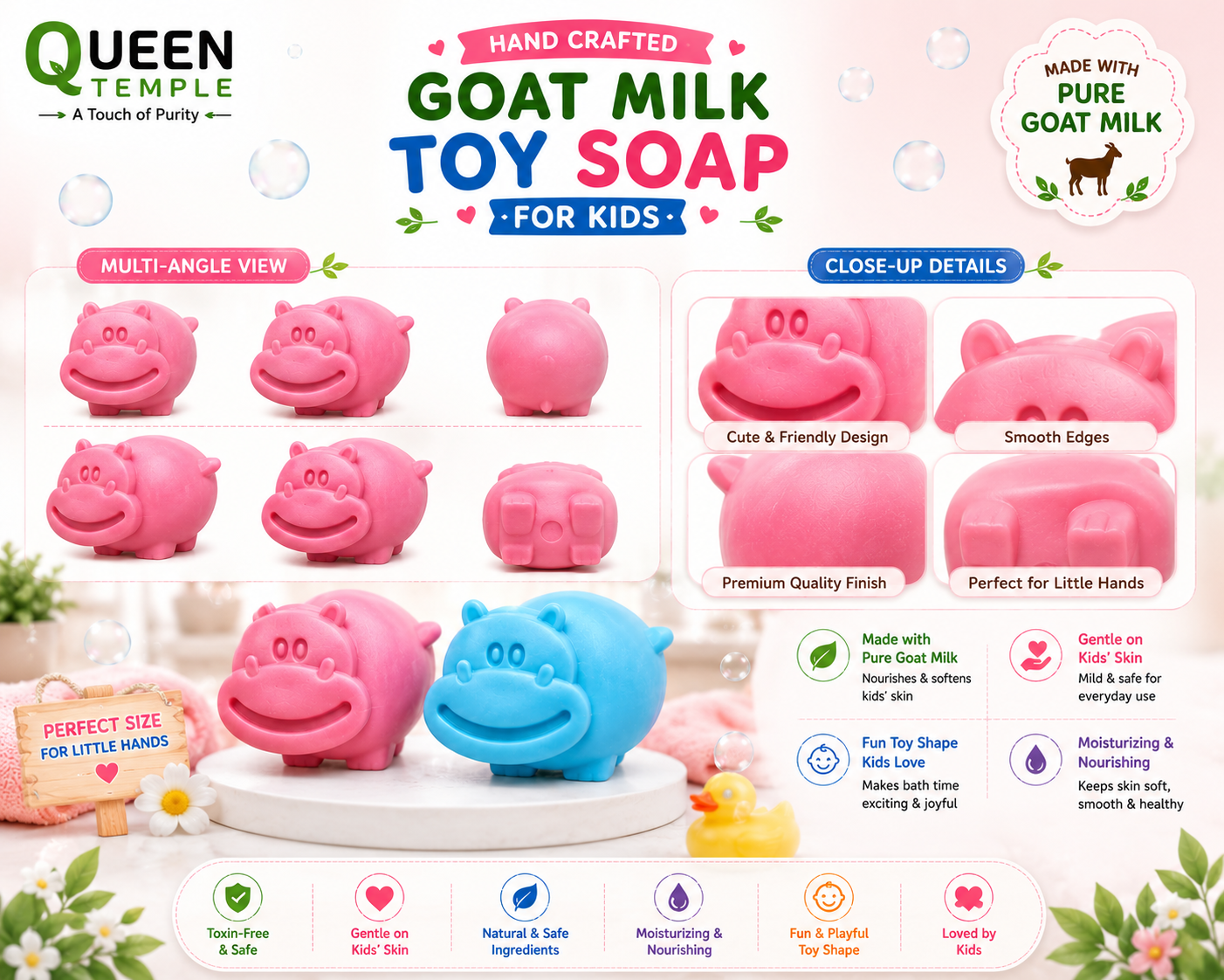 Queen Temple Handmade Pure Goat Milk Toy Soap for Kids – Fun Hippo Shape Bath Soap | Gentle & Moisturizing Kids Soap for Boys & Girls | Mild Daily Cleansing Soap | Pack of 2 - Image 5