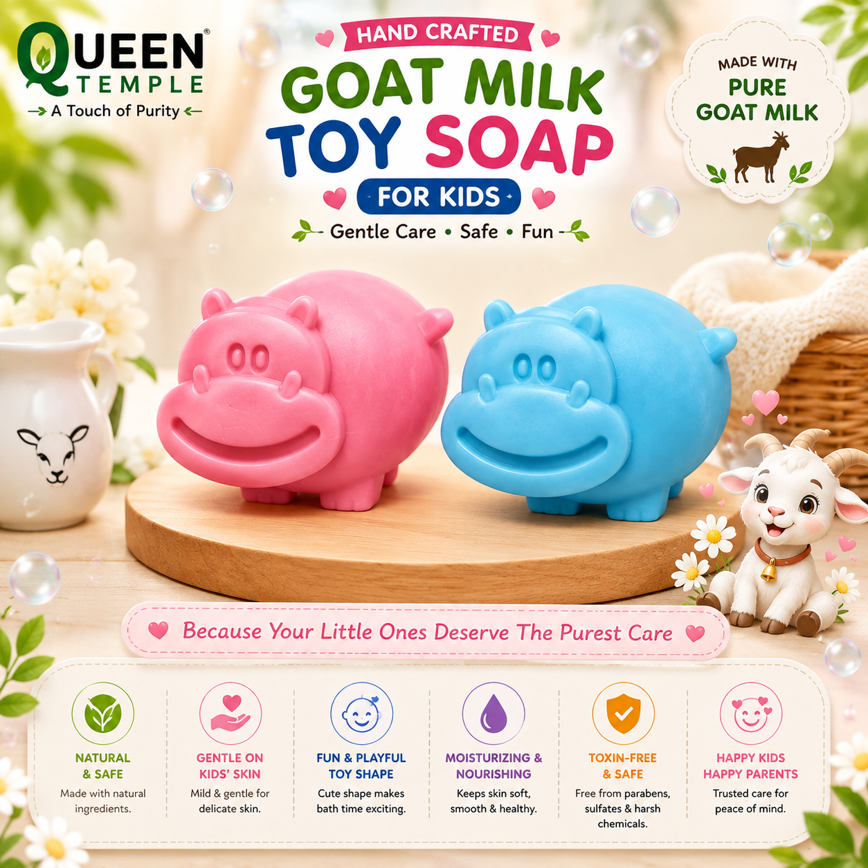Queen Temple Handmade Pure Goat Milk Toy Soap for Kids – Fun Hippo Shape Bath Soap | Gentle & Moisturizing Kids Soap for Boys & Girls | Mild Daily Cleansing Soap | Pack of 2 - Image 7