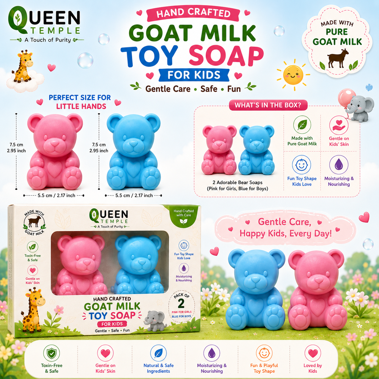 Queen Temple Handmade Pure Goat Milk Toy Soap for Kids – Cute Bear Shape Bath Soap | Gentle & Moisturizing Kids Soap for Boys & Girls | Mild Daily Cleansing Soap | Fun Bath Time Soap - Image 3