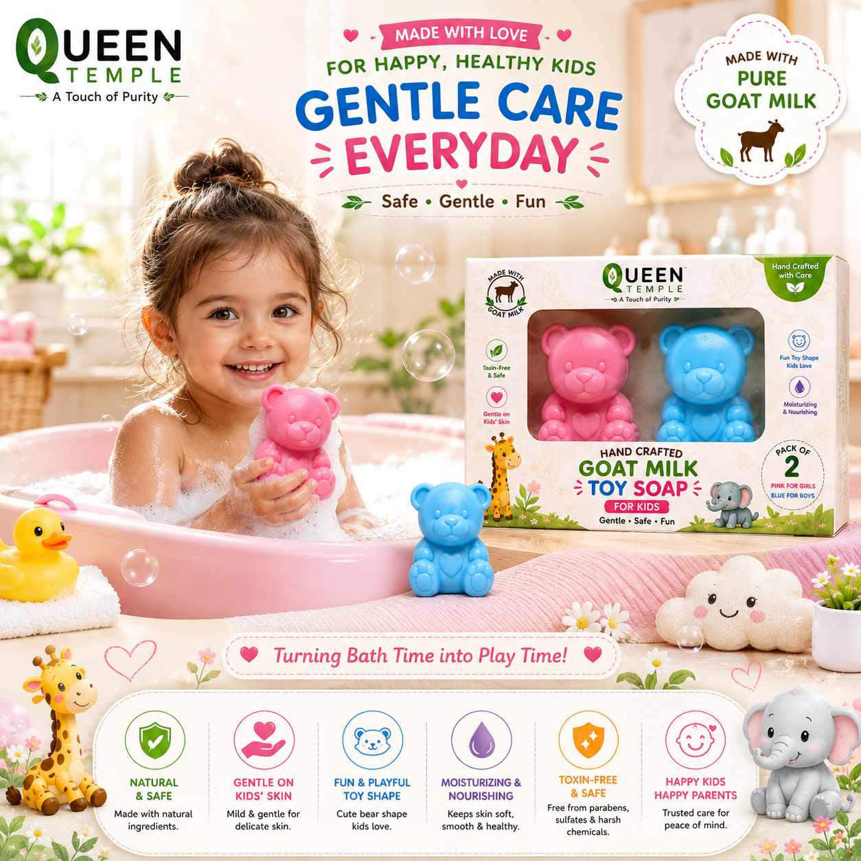 Queen Temple Handmade Pure Goat Milk Toy Soap for Kids – Cute Bear Shape Bath Soap | Gentle & Moisturizing Kids Soap for Boys & Girls | Mild Daily Cleansing Soap | Fun Bath Time Soap - Image 2