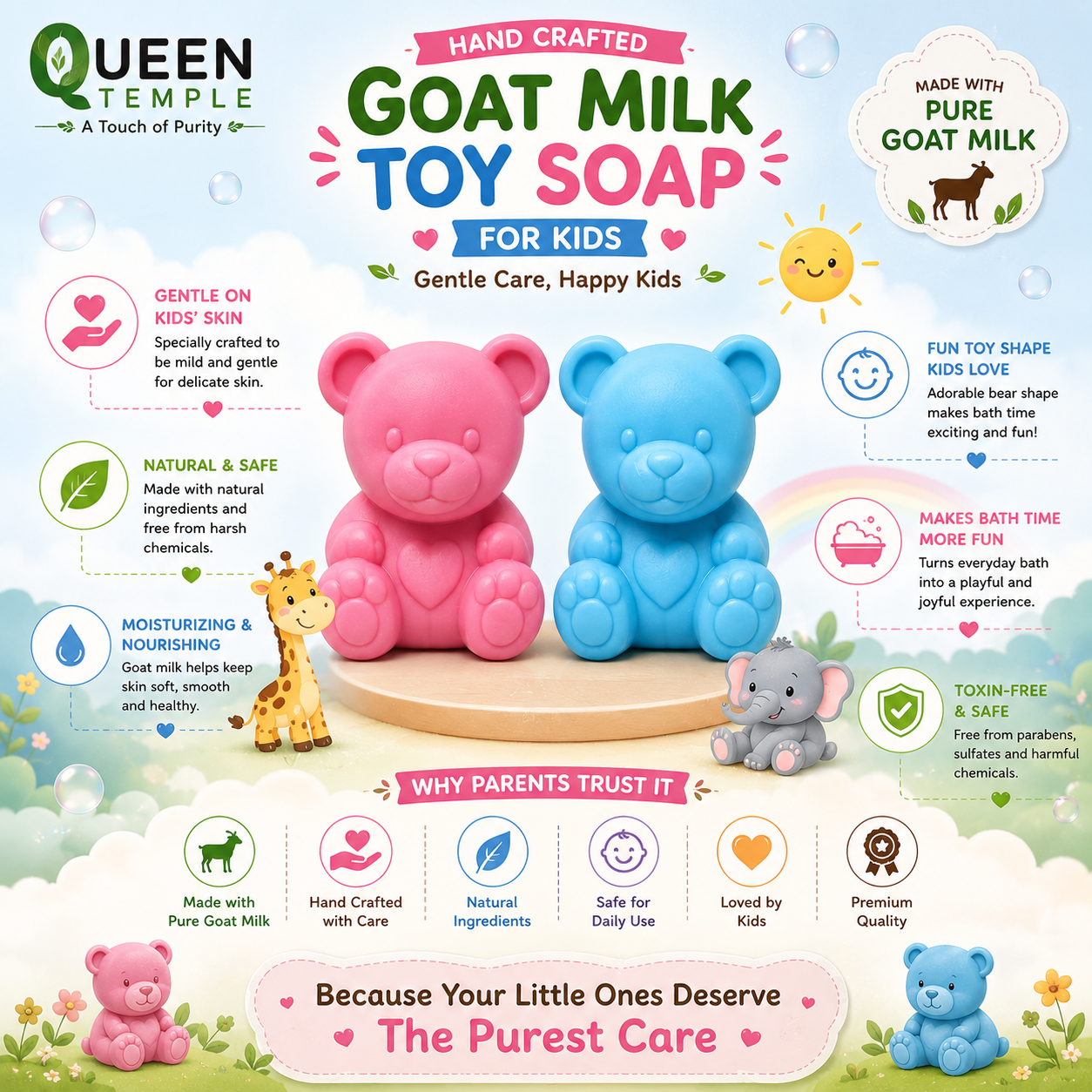 Queen Temple Handmade Pure Goat Milk Toy Soap for Kids – Cute Bear Shape Bath Soap | Gentle & Moisturizing Kids Soap for Boys & Girls | Mild Daily Cleansing Soap | Fun Bath Time Soap - Image 4