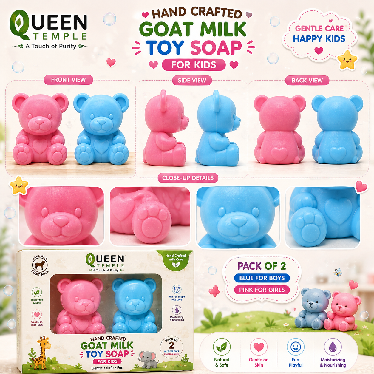 Queen Temple Handmade Pure Goat Milk Toy Soap for Kids – Cute Bear Shape Bath Soap | Gentle & Moisturizing Kids Soap for Boys & Girls | Mild Daily Cleansing Soap | Fun Bath Time Soap - Image 5
