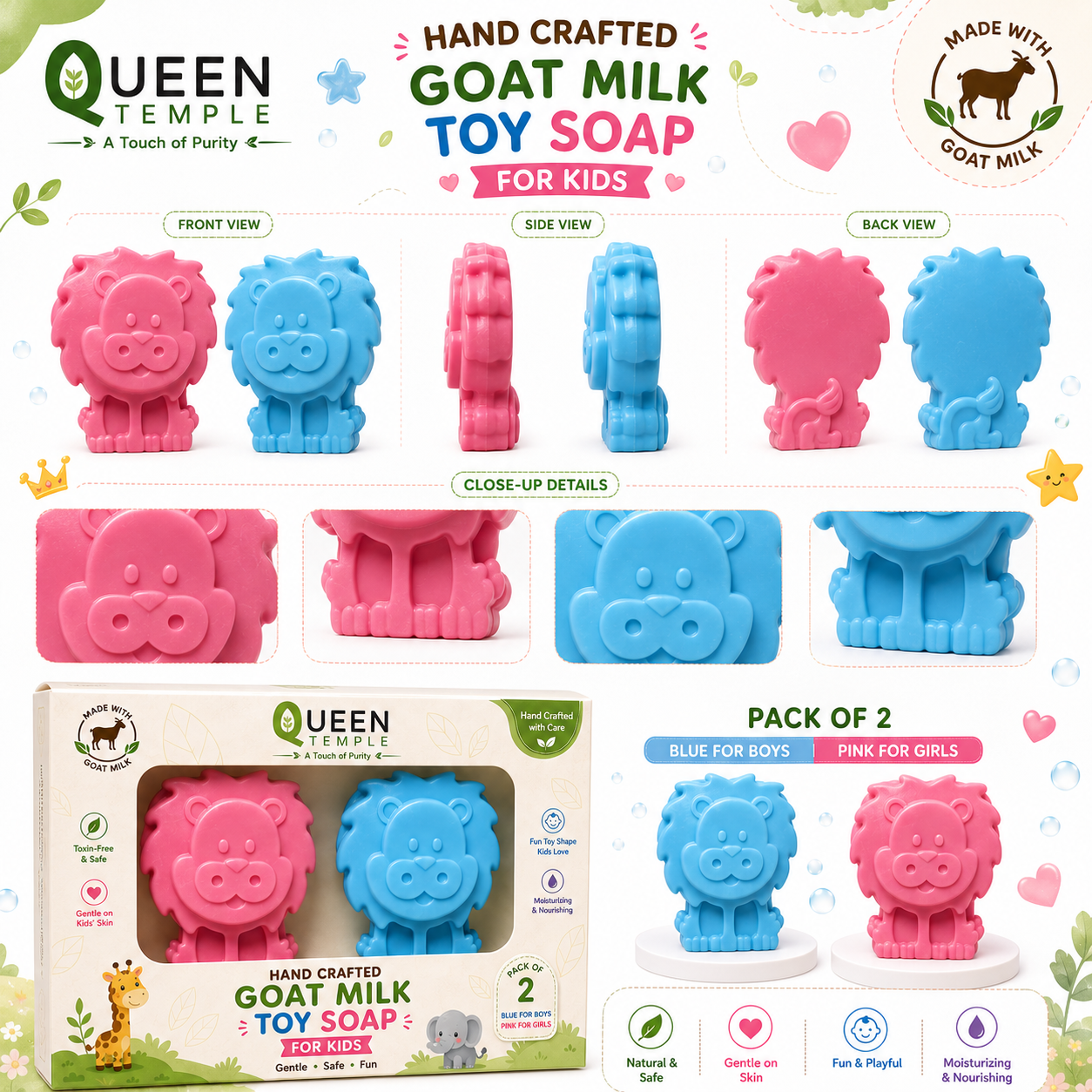 Queen Temple Handmade Goat Milk Toy Soap for Kids – Pack of 2 | Fun Lion-Shaped Bath Soap for Boys & Girls | Gentle, Moisturizing & Nourishing Kids Soap | Mild Daily Bathing Soap - Image 3