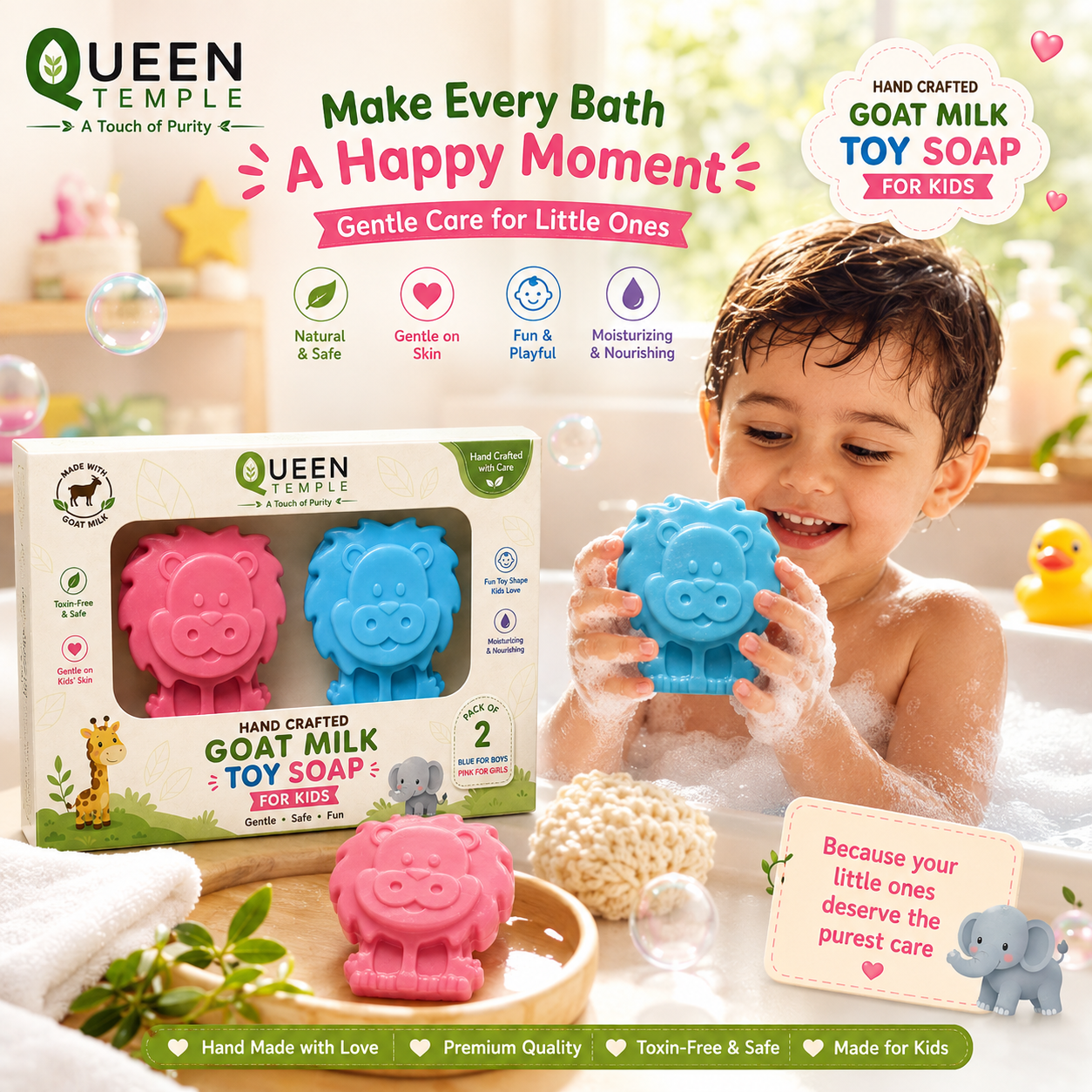 Queen Temple Handmade Goat Milk Toy Soap for Kids – Pack of 2 | Fun Lion-Shaped Bath Soap for Boys & Girls | Gentle, Moisturizing & Nourishing Kids Soap | Mild Daily Bathing Soap - Image 2