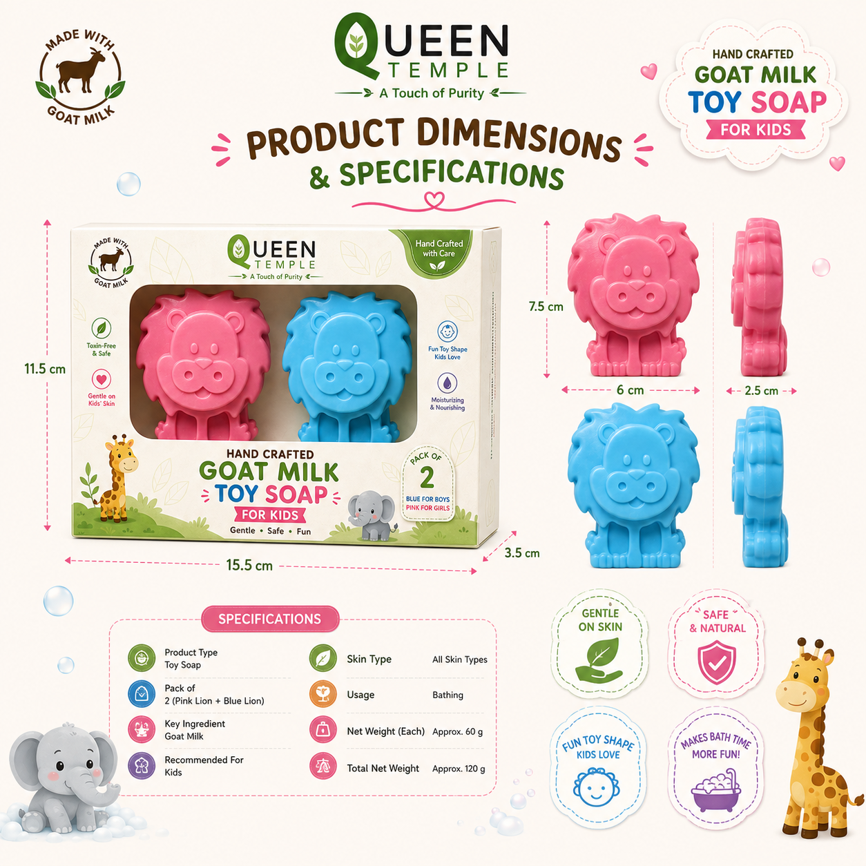 Queen Temple Handmade Goat Milk Toy Soap for Kids – Pack of 2 | Fun Lion-Shaped Bath Soap for Boys & Girls | Gentle, Moisturizing & Nourishing Kids Soap | Mild Daily Bathing Soap - Image 4