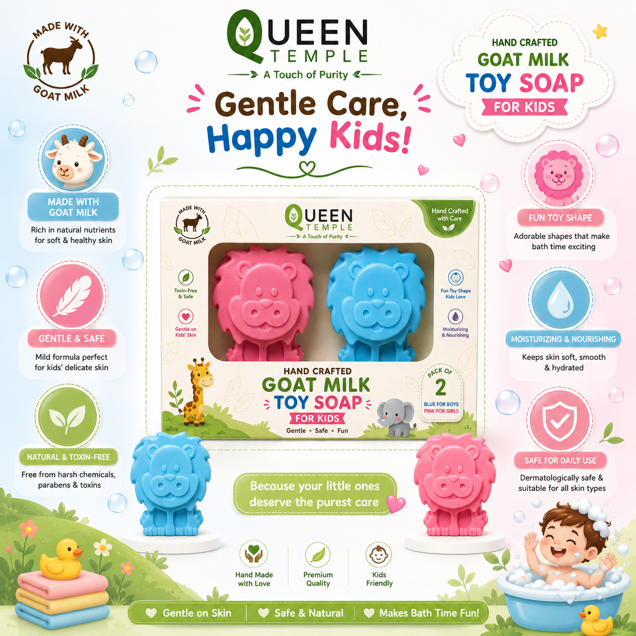 Queen Temple Handmade Goat Milk Toy Soap for Kids – Pack of 2 | Fun Lion-Shaped Bath Soap for Boys & Girls | Gentle, Moisturizing & Nourishing Kids Soap | Mild Daily Bathing Soap - Image 5