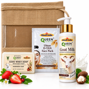 Queen Temple Goat Milk Skincare Combo with Ubtan D-Tan Face Pack, Goat Milk Whitening & Renewal Lotion & Goat Whey Mix Fruit Handmade Soap Gift Hamper