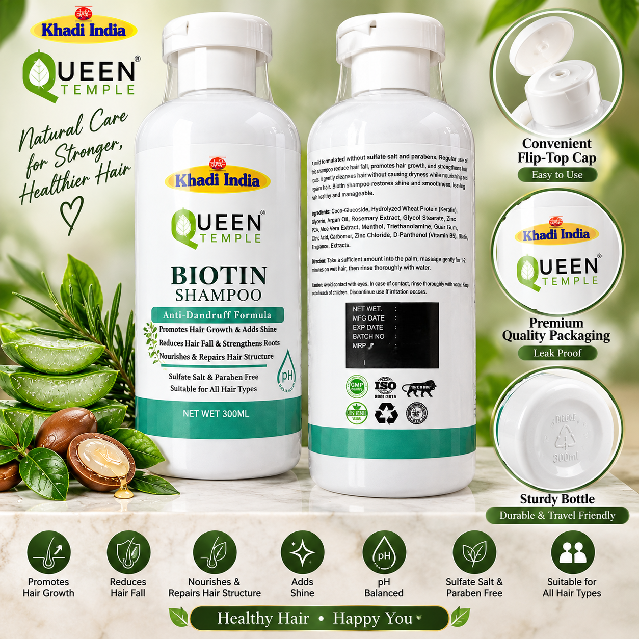 Queen Temple Khadi India Biotin Shampoo 300ml | Anti-Dandruff Herbal Shampoo with Aloe Vera, Argan Oil, Rosemary Extract, Menthol & Biotin | Sulfate Salt & Paraben Free | For All Hair Types - Image 5