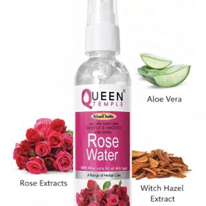 Queen Temple Khadi India Rose Water with Aloe Vera & Witch Hazel Extract | Hydrating & Refreshing Facial Toner for All Skin Types | Gentle Skin Care | 100% Herbal Care | Spray Bottle