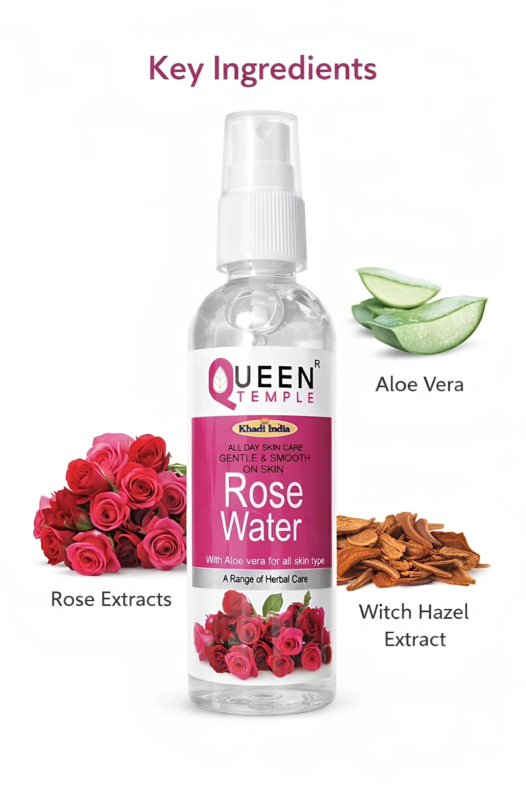 Queen Temple Khadi India Rose Water with Aloe Vera & Witch Hazel Extract | Hydrating & Refreshing Facial Toner for All Skin Types | Gentle Skin Care | 100% Herbal Care | Spray Bottle