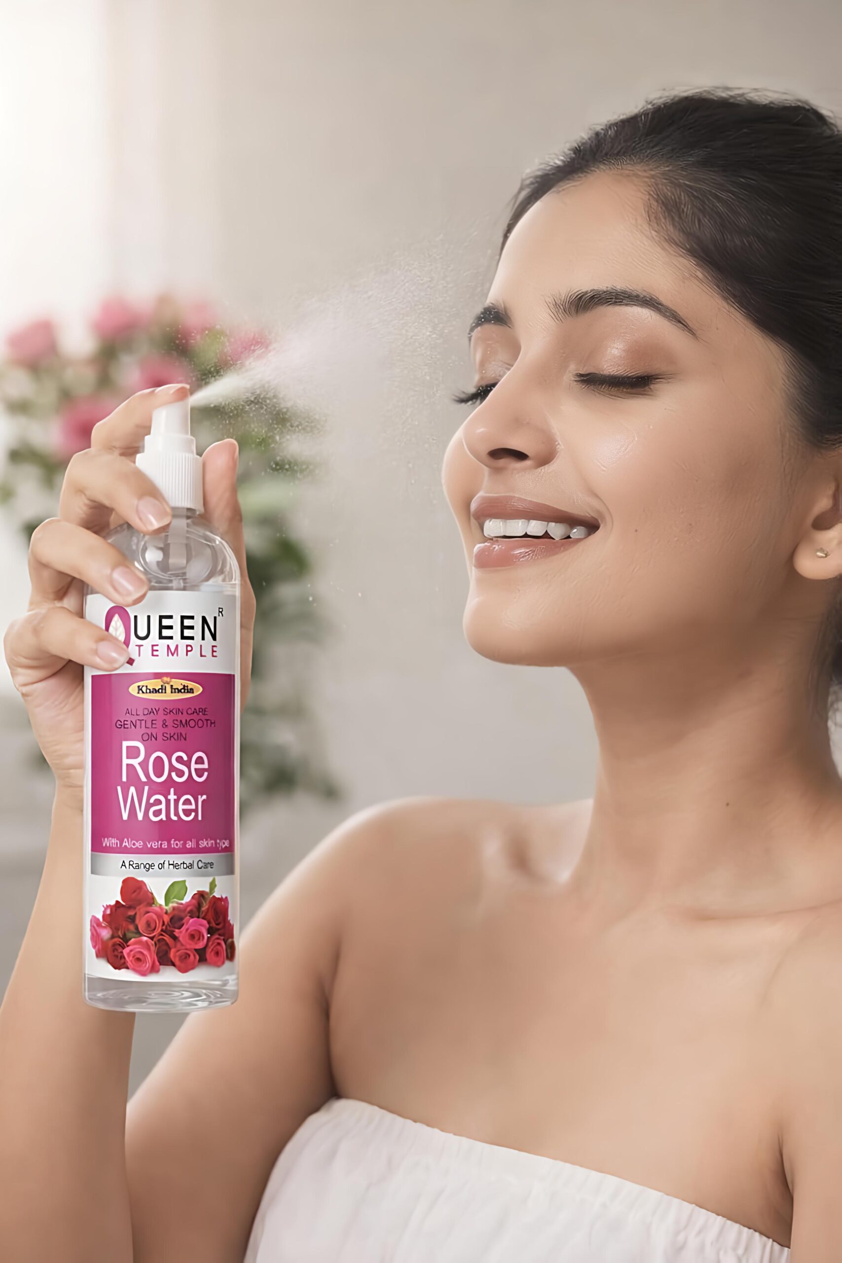 Queen Temple Khadi India Rose Water with Aloe Vera & Witch Hazel Extract | Hydrating & Refreshing Facial Toner for All Skin Types | Gentle Skin Care | 100% Herbal Care | Spray Bottle - Image 3