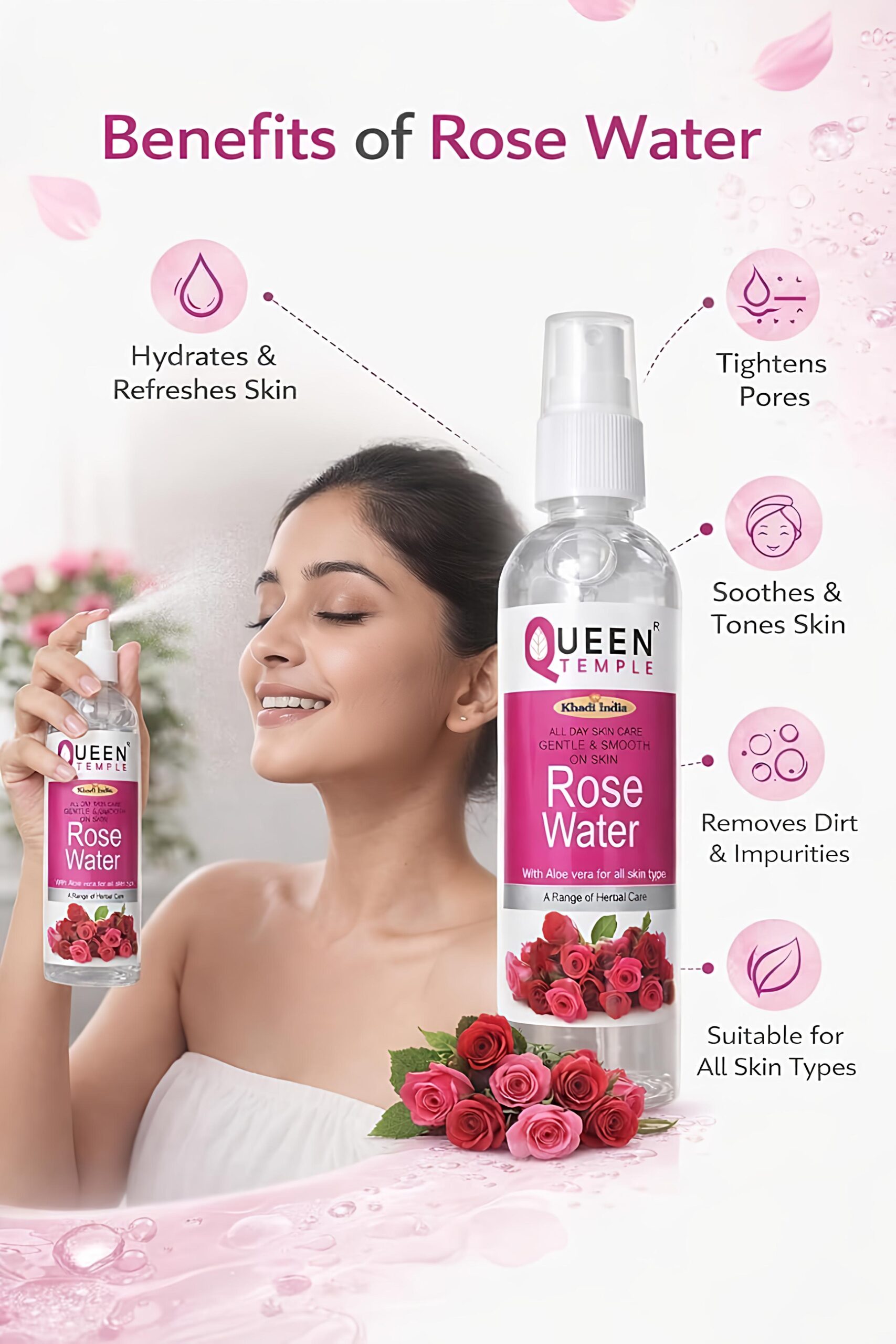 Queen Temple Khadi India Rose Water with Aloe Vera & Witch Hazel Extract | Hydrating & Refreshing Facial Toner for All Skin Types | Gentle Skin Care | 100% Herbal Care | Spray Bottle - Image 2