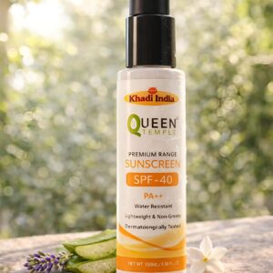 Queen Temple Khadi India Premium Sunscreen SPF 40 PA++ 100ml | Broad Spectrum UVA & UVB Protection | Water Resistant, Lightweight & Non-Greasy Face Sunscreen | Suitable for All Skin Types