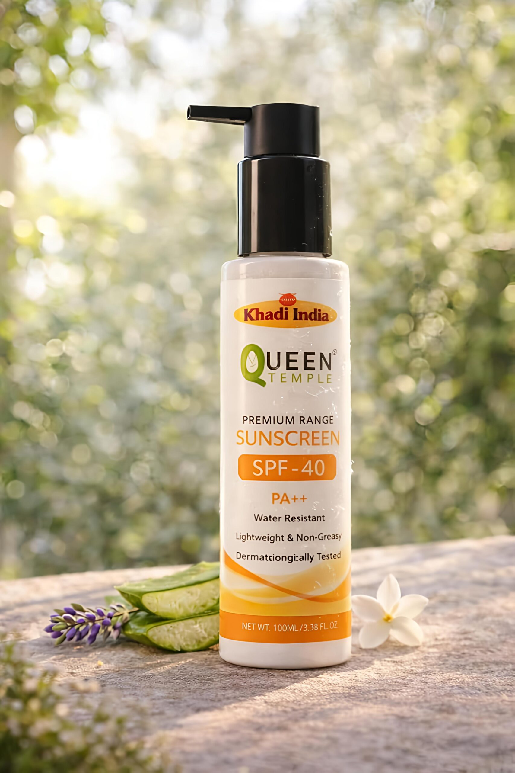 Queen Temple Khadi India Premium Sunscreen SPF 40 PA++ 100ml | Broad Spectrum UVA & UVB Protection | Water Resistant, Lightweight & Non-Greasy Face Sunscreen | Suitable for All Skin Types
