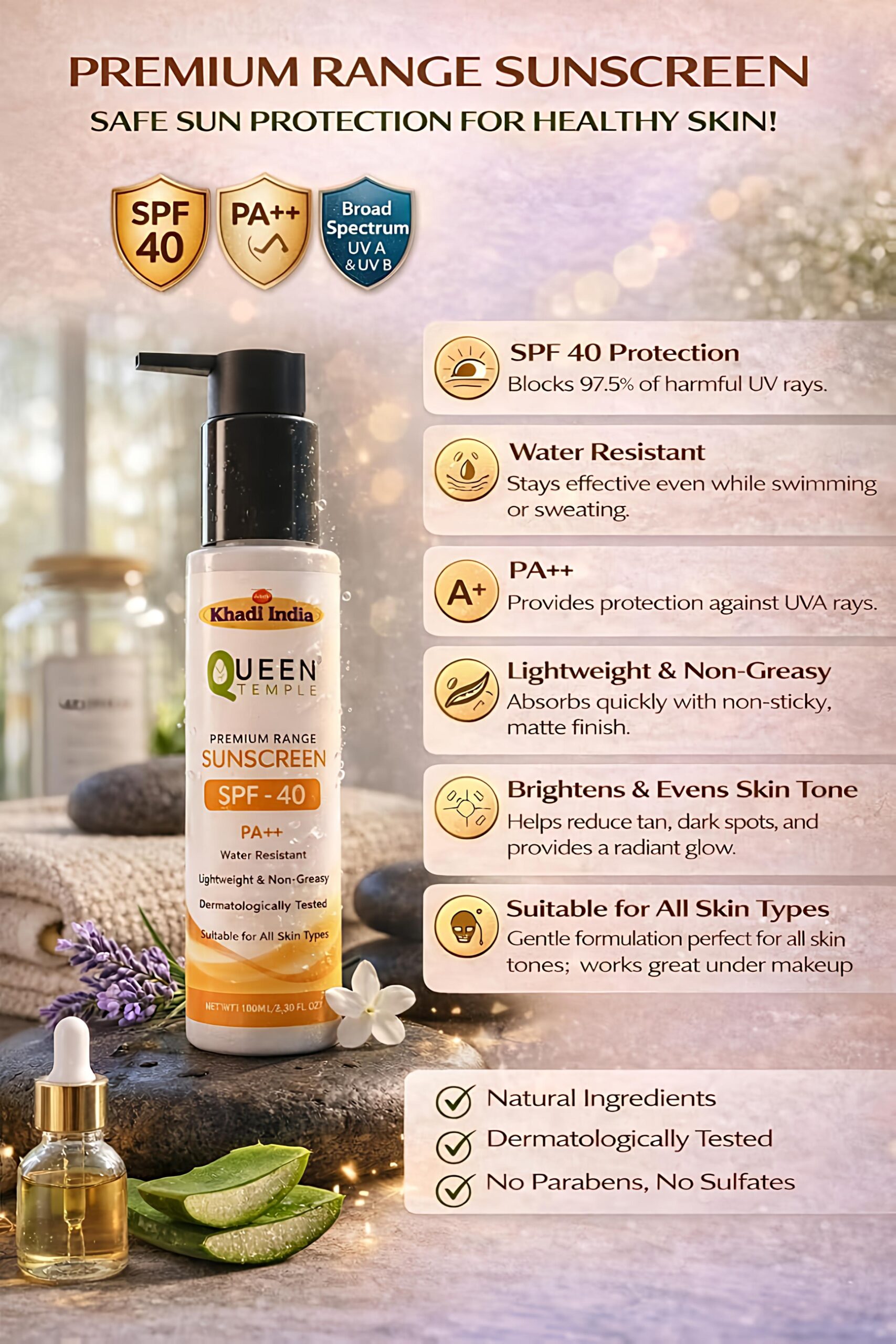 Queen Temple Khadi India Premium Sunscreen SPF 40 PA++ 100ml | Broad Spectrum UVA & UVB Protection | Water Resistant, Lightweight & Non-Greasy Face Sunscreen | Suitable for All Skin Types - Image 2