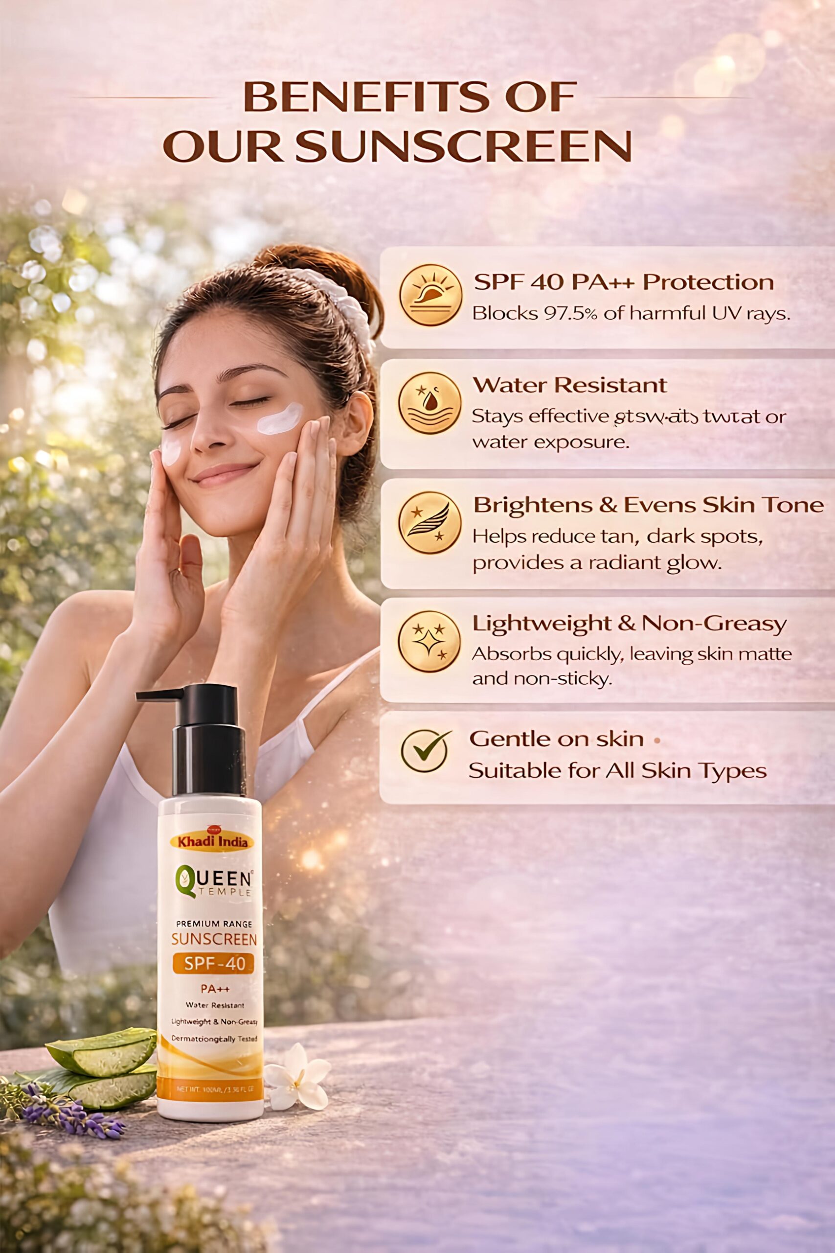 Queen Temple Khadi India Premium Sunscreen SPF 40 PA++ 100ml | Broad Spectrum UVA & UVB Protection | Water Resistant, Lightweight & Non-Greasy Face Sunscreen | Suitable for All Skin Types - Image 4