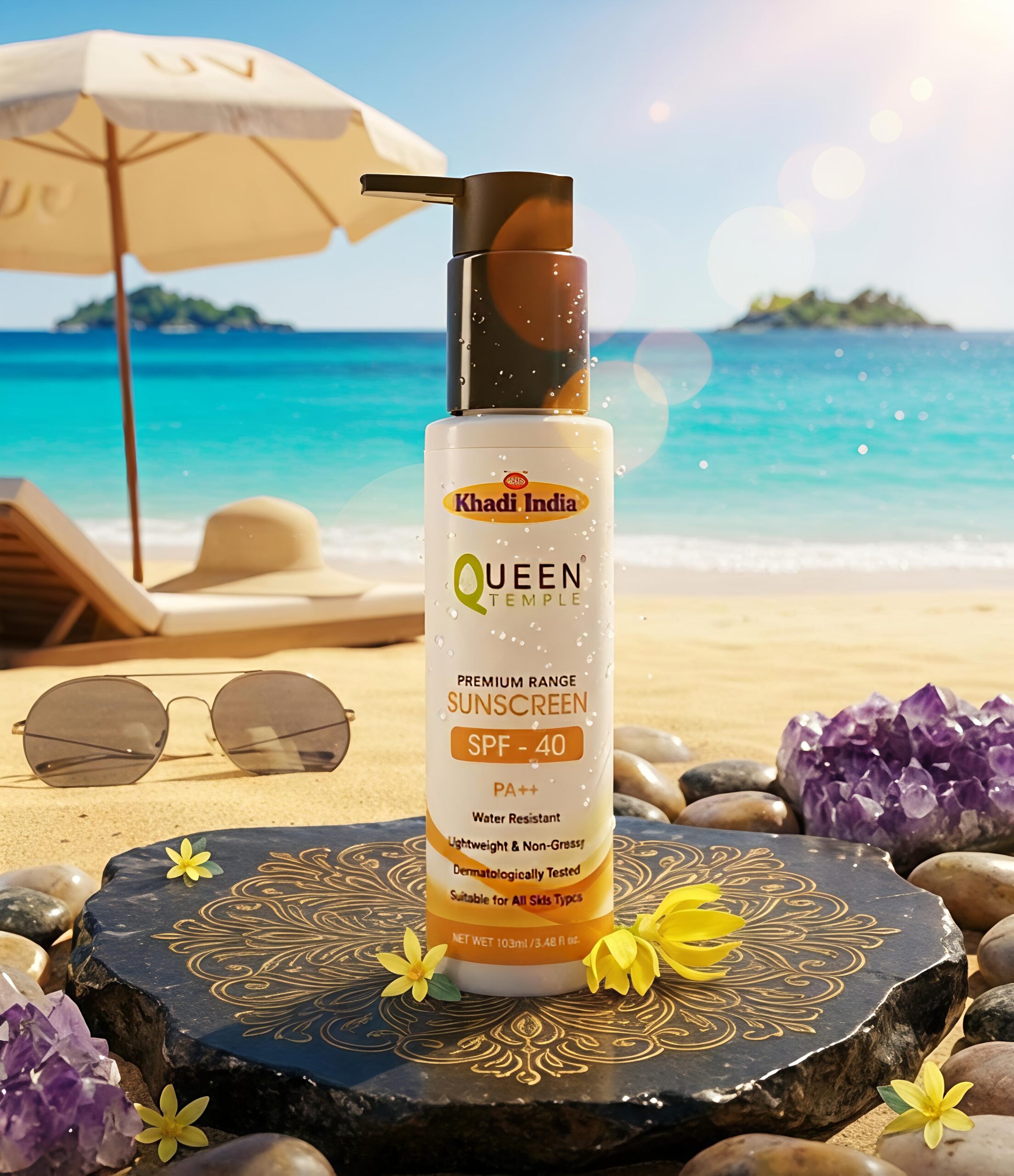 Queen Temple Khadi India Premium Sunscreen SPF 40 PA++ 100ml | Broad Spectrum UVA & UVB Protection | Water Resistant, Lightweight & Non-Greasy Face Sunscreen | Suitable for All Skin Types - Image 5