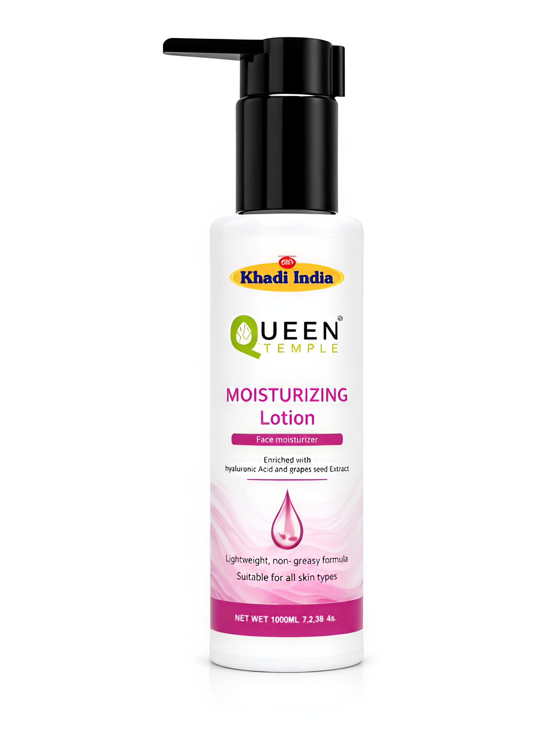 Queen Temple Khadi India Moisturizing Lotion | 100ml | Face Moisturizer with Hyaluronic Acid & Grape Seed Extract | Lightweight & Non-Greasy Hydrating Lotion | Deep Hydration for Soft, Smooth & Radiant Skin | All Skin Types