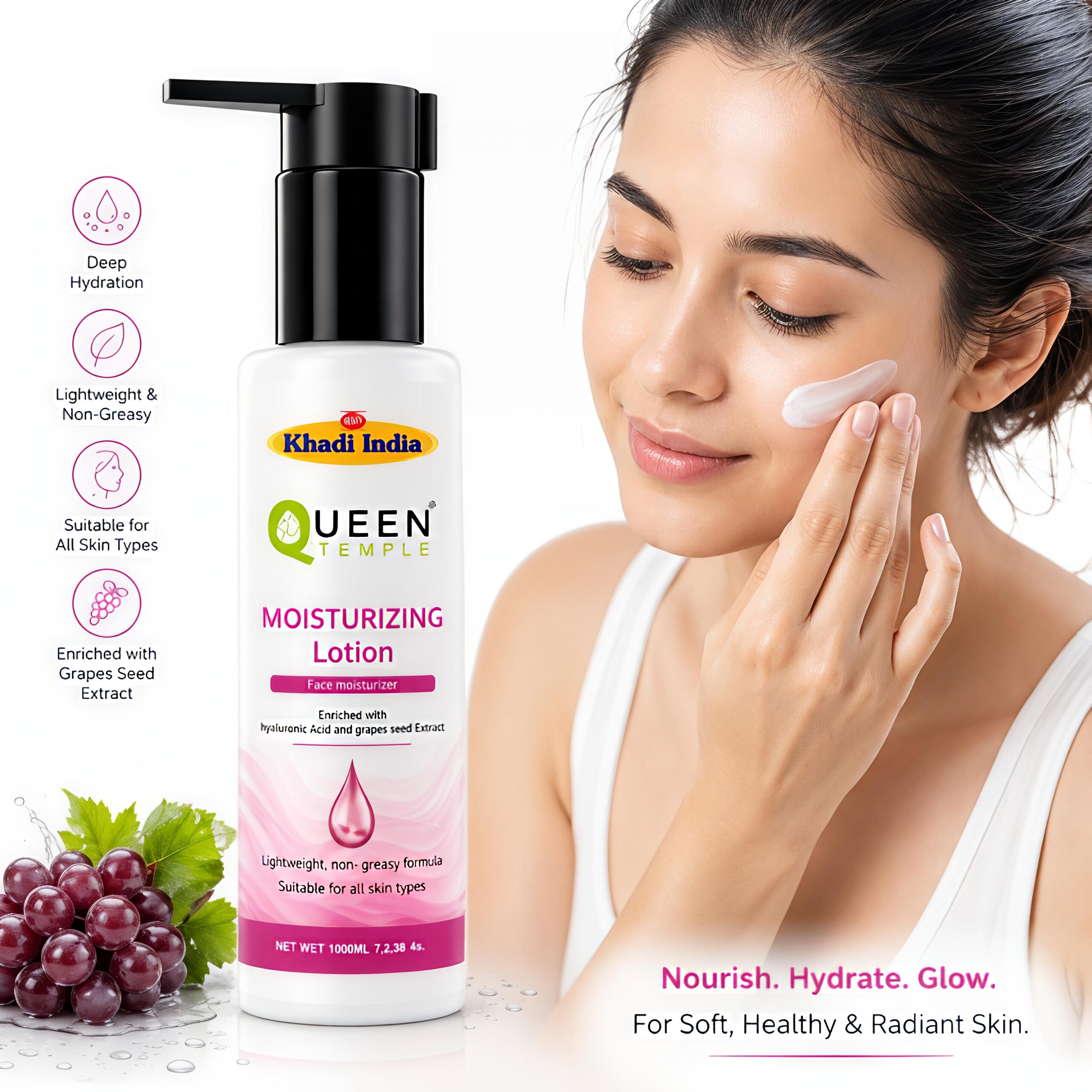 Queen Temple Khadi India Moisturizing Lotion | 100ml | Face Moisturizer with Hyaluronic Acid & Grape Seed Extract | Lightweight & Non-Greasy Hydrating Lotion | Deep Hydration for Soft, Smooth & Radiant Skin | All Skin Types - Image 2
