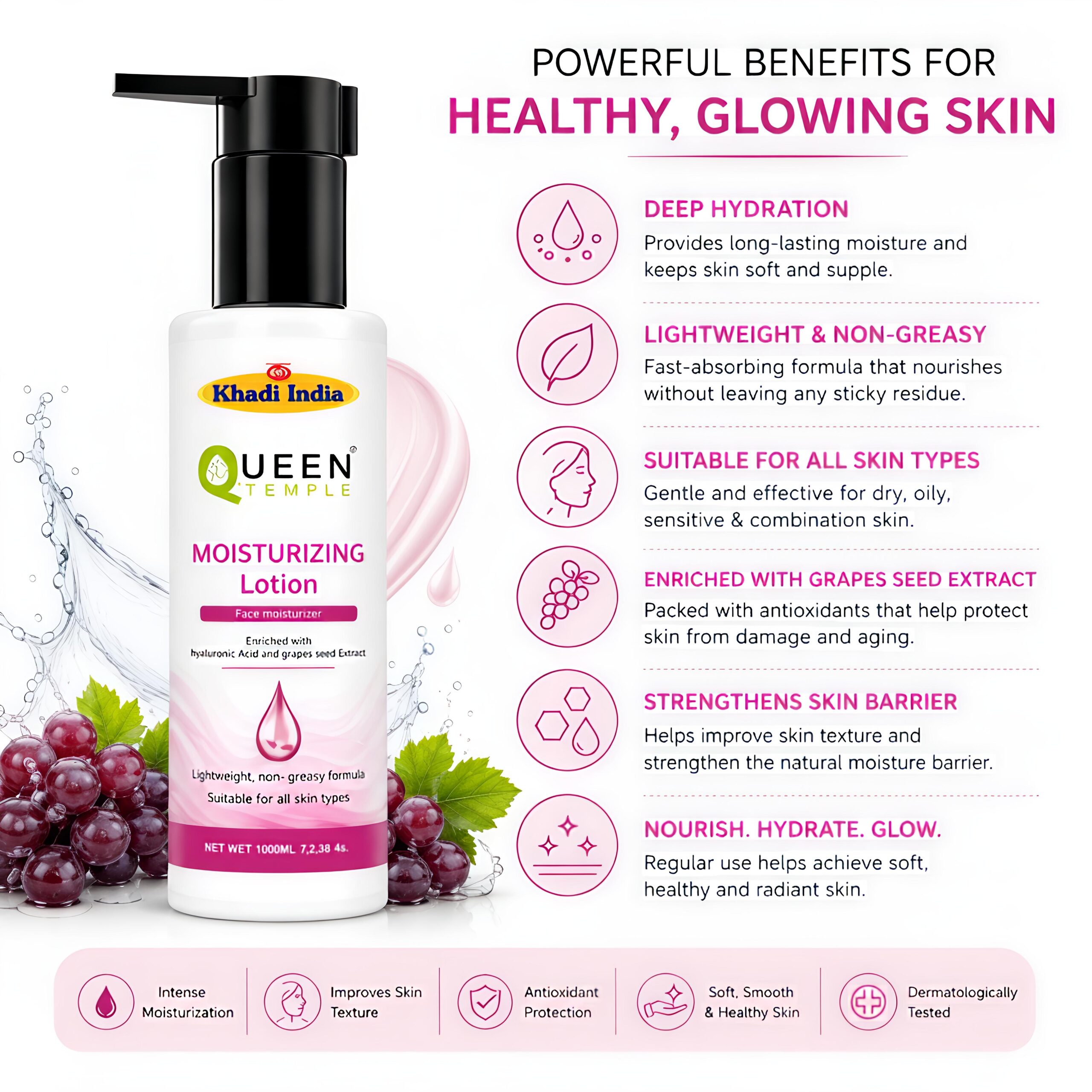 Queen Temple Khadi India Moisturizing Lotion | 100ml | Face Moisturizer with Hyaluronic Acid & Grape Seed Extract | Lightweight & Non-Greasy Hydrating Lotion | Deep Hydration for Soft, Smooth & Radiant Skin | All Skin Types - Image 3