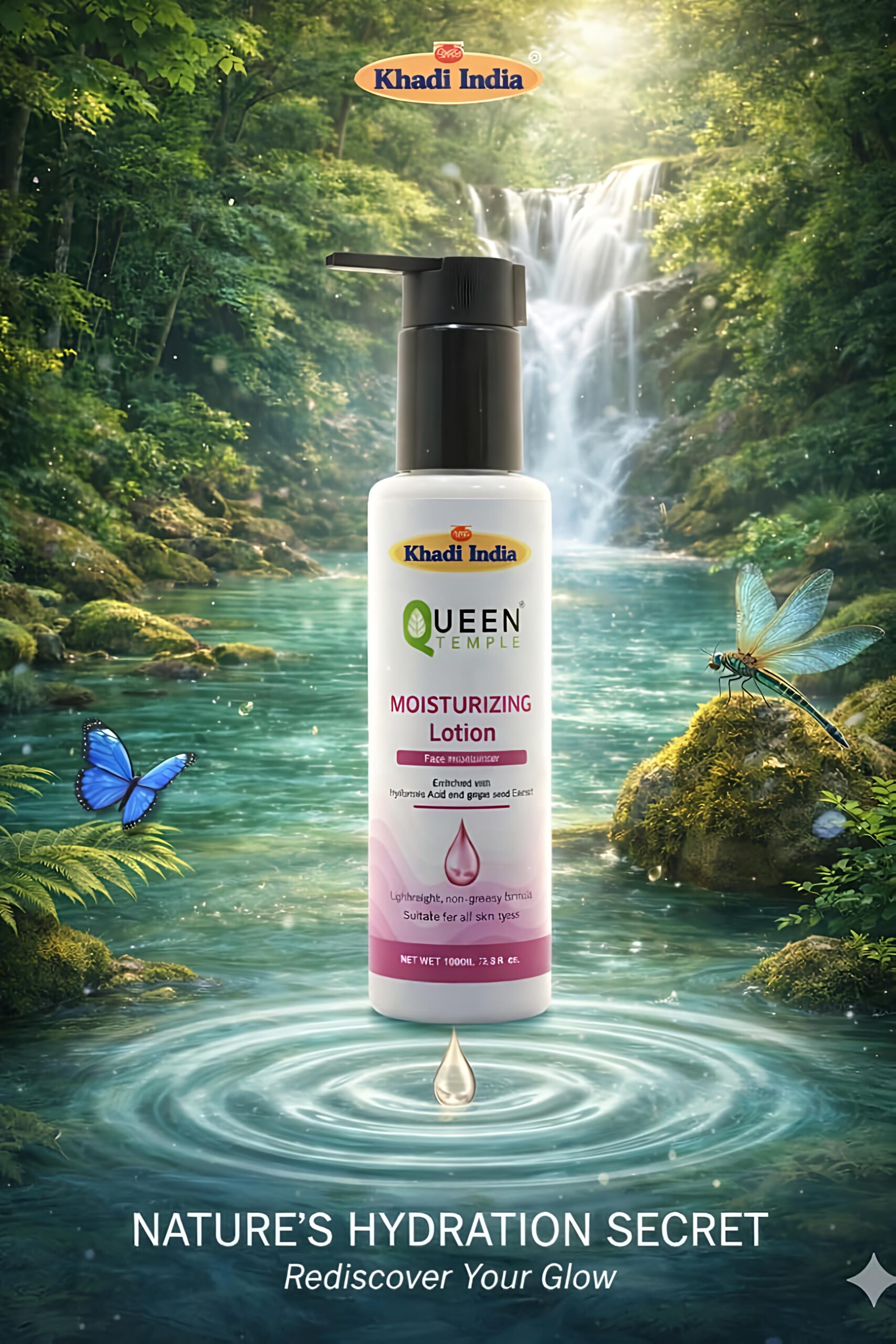 Queen Temple Khadi India Moisturizing Lotion | 100ml | Face Moisturizer with Hyaluronic Acid & Grape Seed Extract | Lightweight & Non-Greasy Hydrating Lotion | Deep Hydration for Soft, Smooth & Radiant Skin | All Skin Types - Image 4