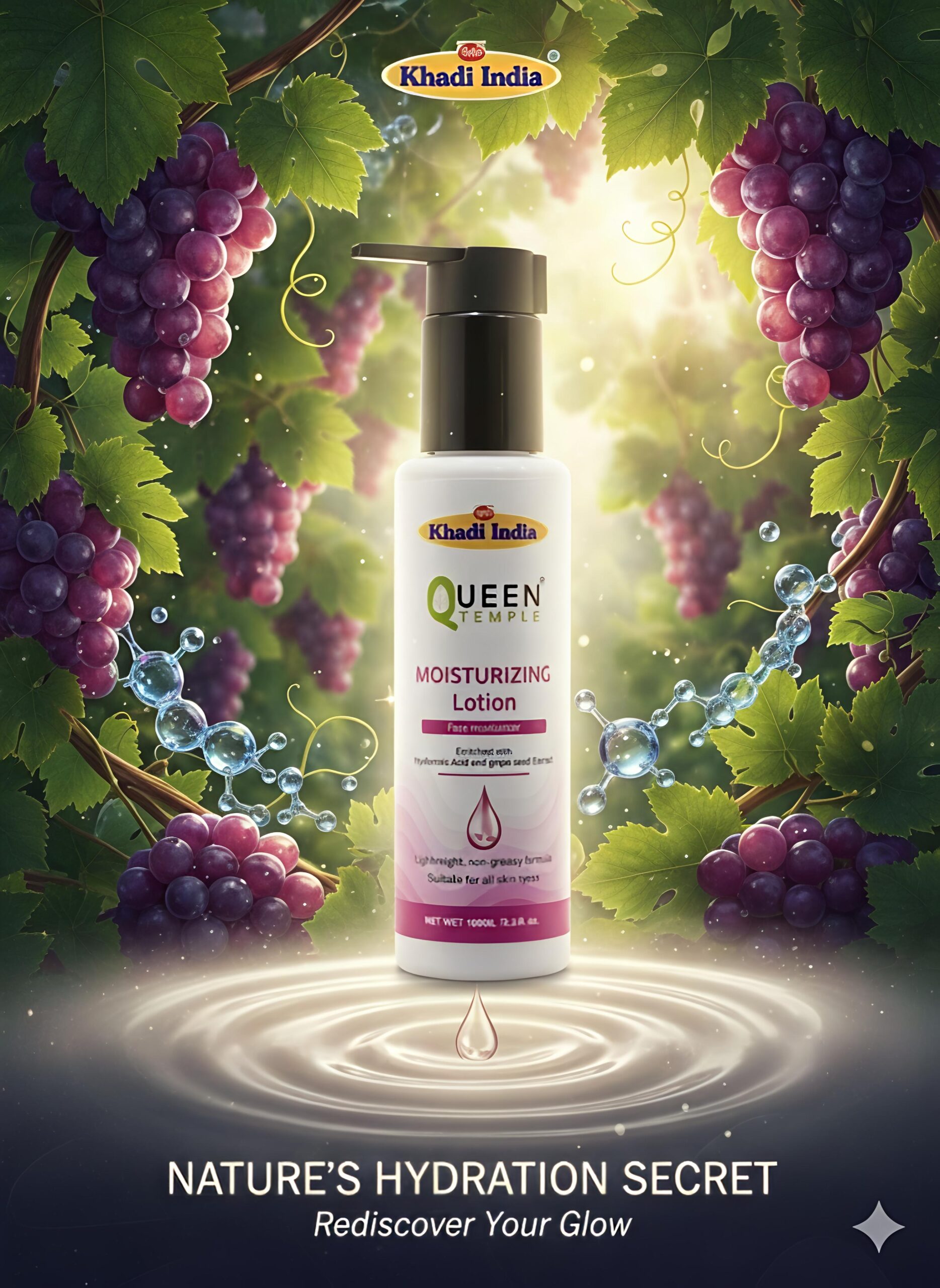 Queen Temple Khadi India Moisturizing Lotion | 100ml | Face Moisturizer with Hyaluronic Acid & Grape Seed Extract | Lightweight & Non-Greasy Hydrating Lotion | Deep Hydration for Soft, Smooth & Radiant Skin | All Skin Types - Image 5