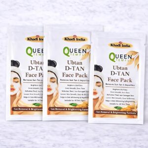 Queen Temple Khadi India Ubtan D-Tan Face Pack | Pack of 3 | 15g Each (3 × 15g) | Herbal Anti-Tan & Skin Brightening Face Pack | Helps Remove Tan, Dark Spots & Impurities | For All Skin Types