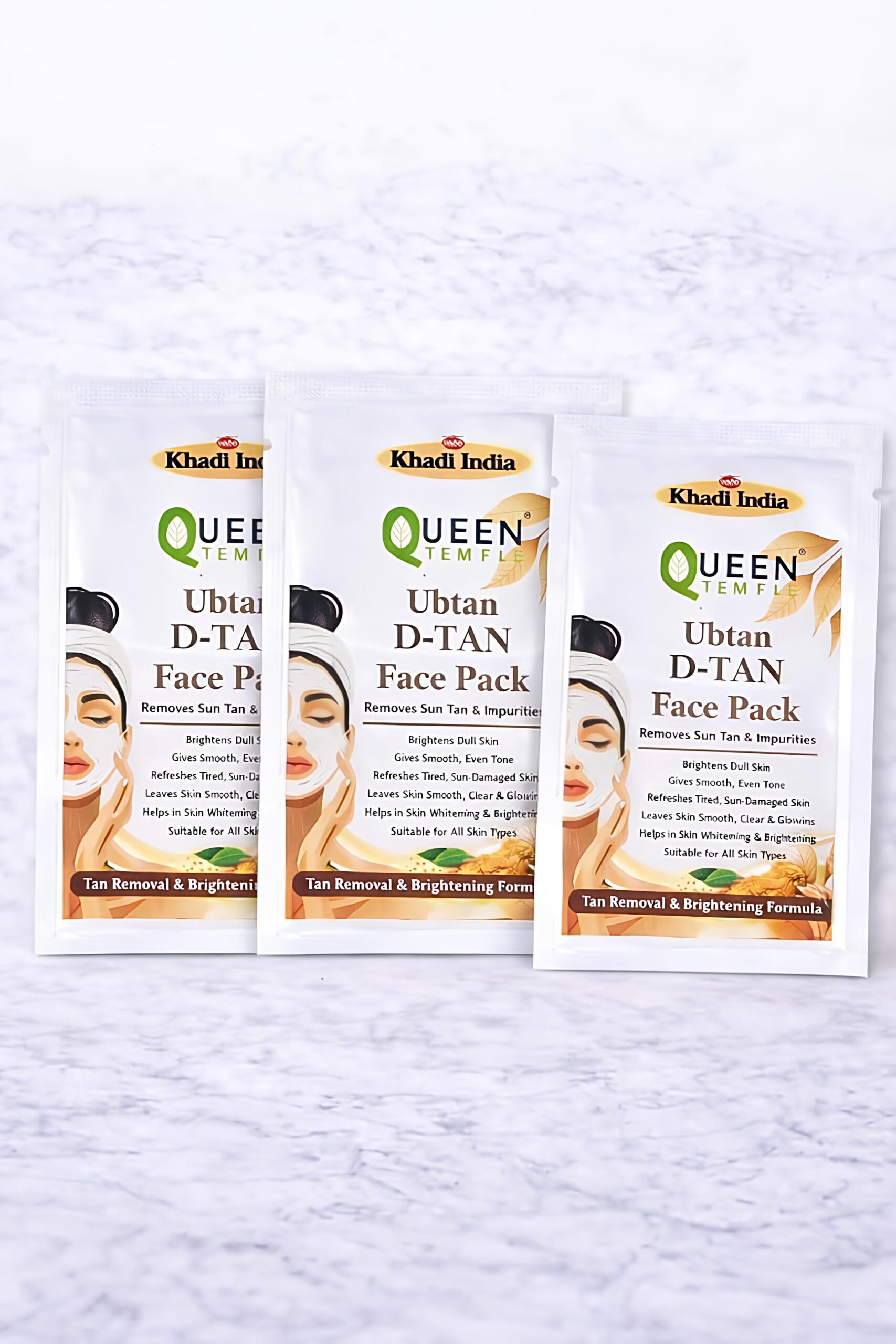 Queen Temple Khadi India Ubtan D-Tan Face Pack | Pack of 3 | 15g Each (3 × 15g) | Herbal Anti-Tan & Skin Brightening Face Pack | Helps Remove Tan, Dark Spots & Impurities | For All Skin Types