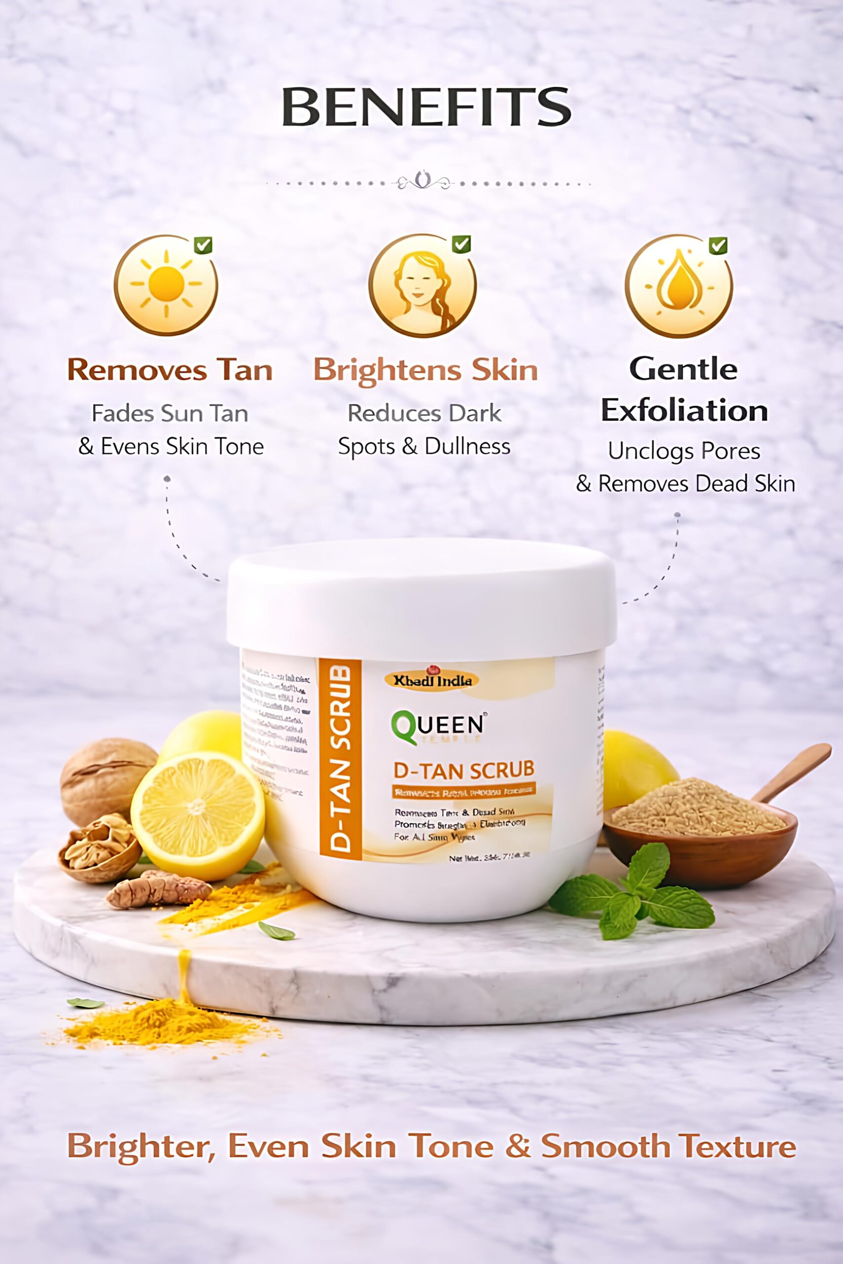 Queen Temple Khadi India D-Tan Scrub | 200g | Herbal Tan Removal & Exfoliating Face Scrub | Helps Remove Tan, Dead Skin & Impurities | Brightens & Smoothens Skin | For All Skin Types - Image 2