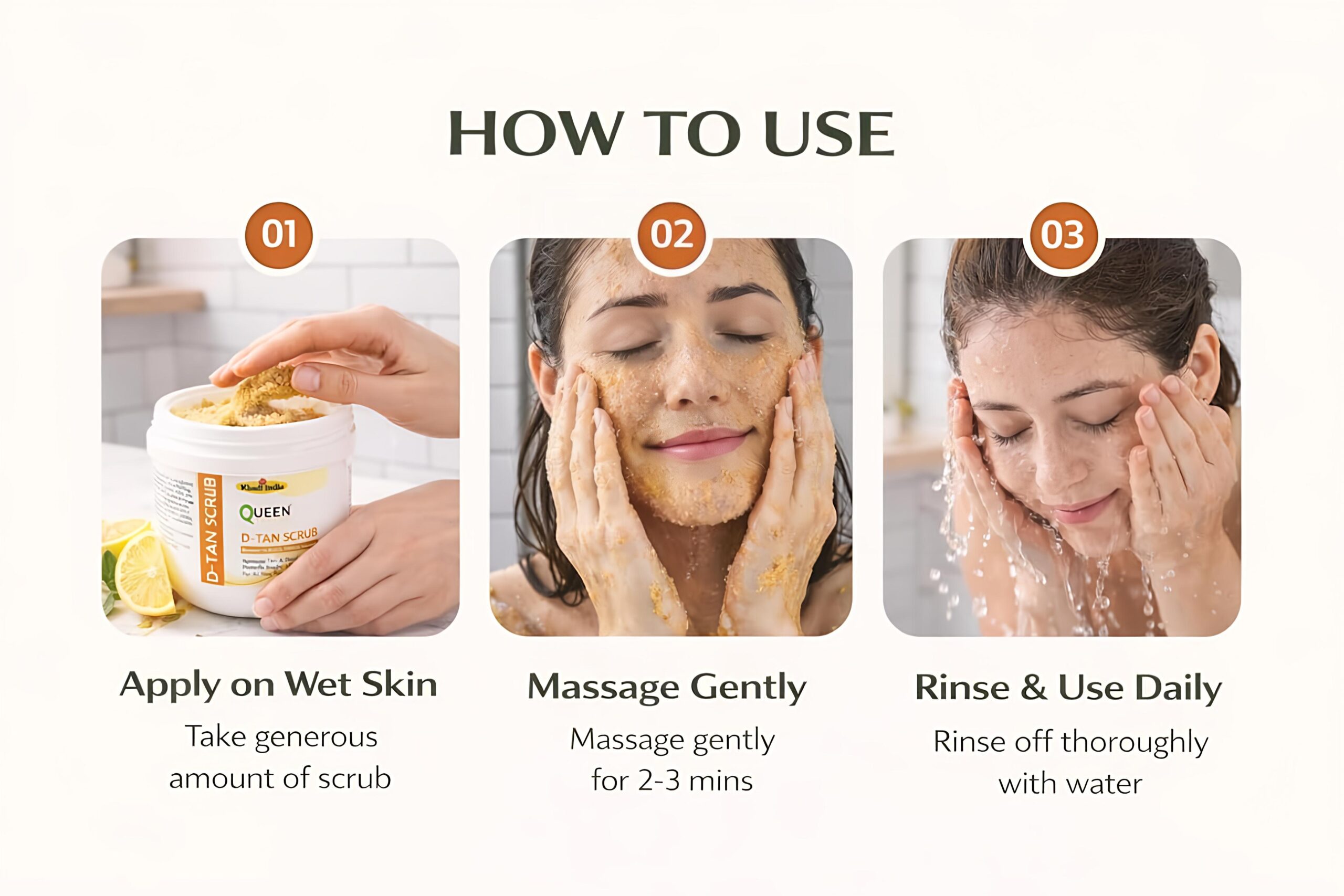 Queen Temple Khadi India D-Tan Scrub | 200g | Herbal Tan Removal & Exfoliating Face Scrub | Helps Remove Tan, Dead Skin & Impurities | Brightens & Smoothens Skin | For All Skin Types - Image 3