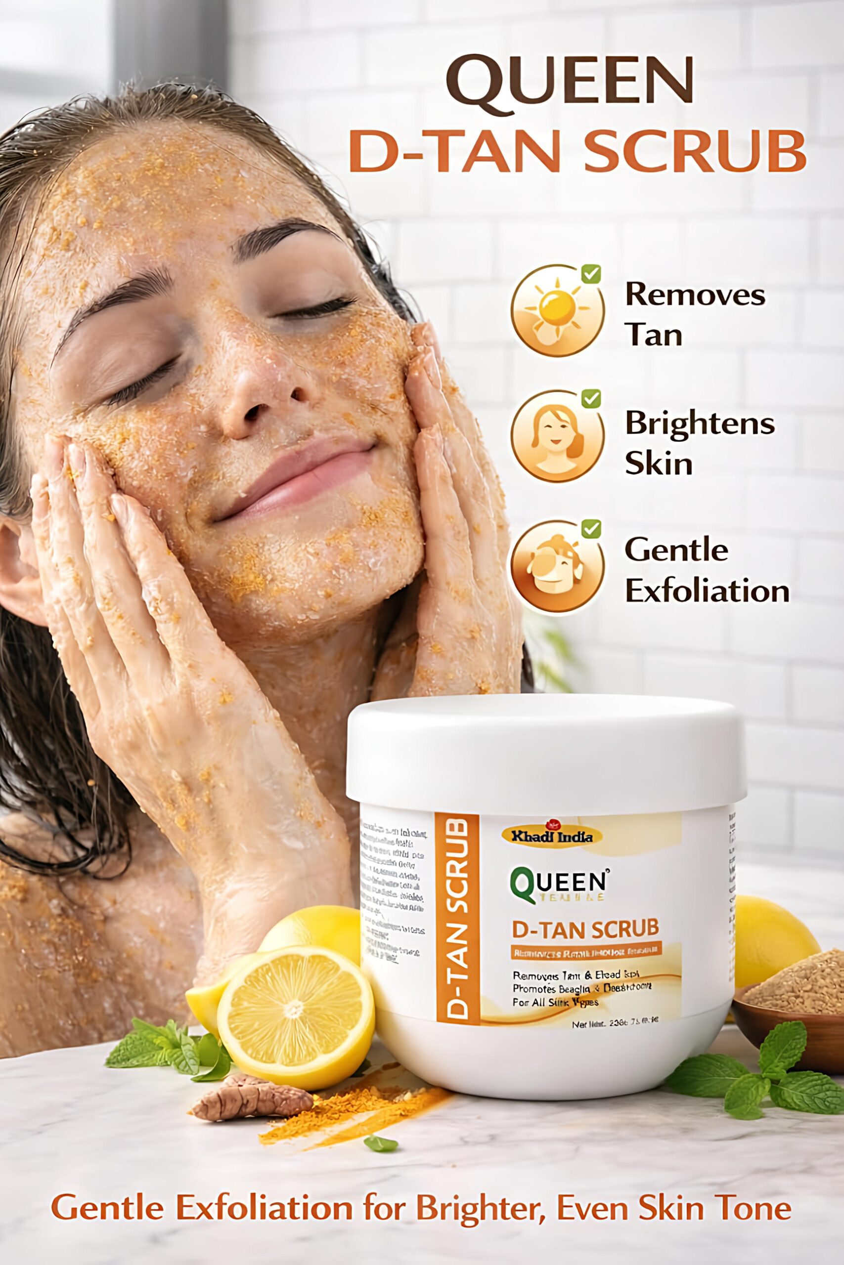 Queen Temple Khadi India D-Tan Scrub | 200g | Herbal Tan Removal & Exfoliating Face Scrub | Helps Remove Tan, Dead Skin & Impurities | Brightens & Smoothens Skin | For All Skin Types - Image 4