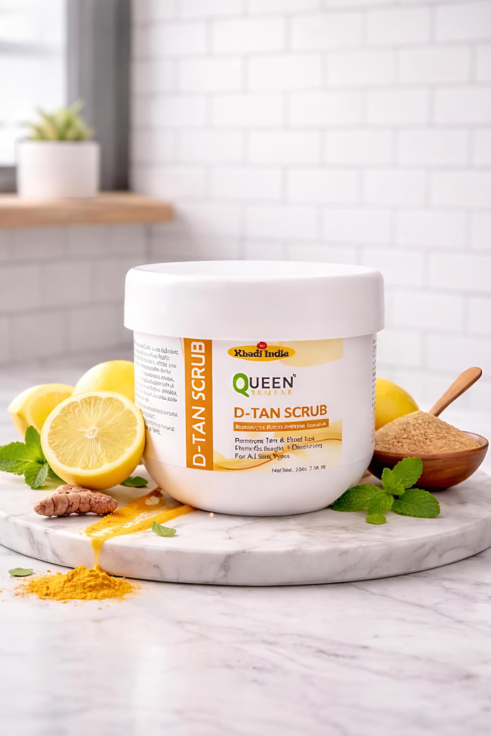 Queen Temple Khadi India D-Tan Scrub | 200g | Herbal Tan Removal & Exfoliating Face Scrub | Helps Remove Tan, Dead Skin & Impurities | Brightens & Smoothens Skin | For All Skin Types