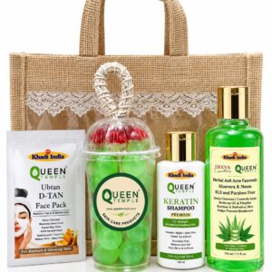 Queen Temple Khadi India Herbal Beauty Gift Pack – Keratin Shampoo with Conditioner – 100 ml Herbal Aloe Vera & Neem Face Wash – 210 ml Handmade Grape Soap – 155 g Ubtan D-Tan Face Pack – 15 g Complete Skin & Hair Care Gift Set