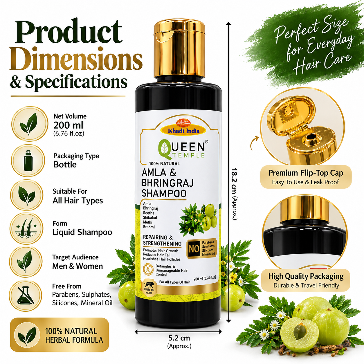 Queen Temple Khadi India Amla & Bhringraj Shampoo 200ml | Herbal Shampoo with Amla, Bhringraj, Reetha, Shikakai, Methi & Brahmi | Paraben, Sulphate & Silicone Free Hair Care | For All Hair Types - Image 5