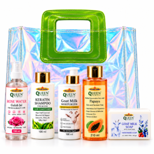 Queen Temple Khadi India Complete Herbal Skin & Hair Care Gift Set with Rose Water, Keratin Shampoo, Goat Milk Moisturizer, Papaya Face Wash & Goat Milk Soap, 5-Piece Personal Care Kit