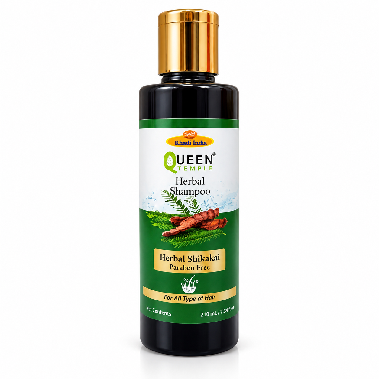 Queen Temple Khadi India Herbal Shikakai Shampoo 210ml | Herbal Shampoo with Shikakai & Natural Herbal Extracts | Paraben-Free Gentle Hair Cleanser for All Hair Types | Daily Hair Care