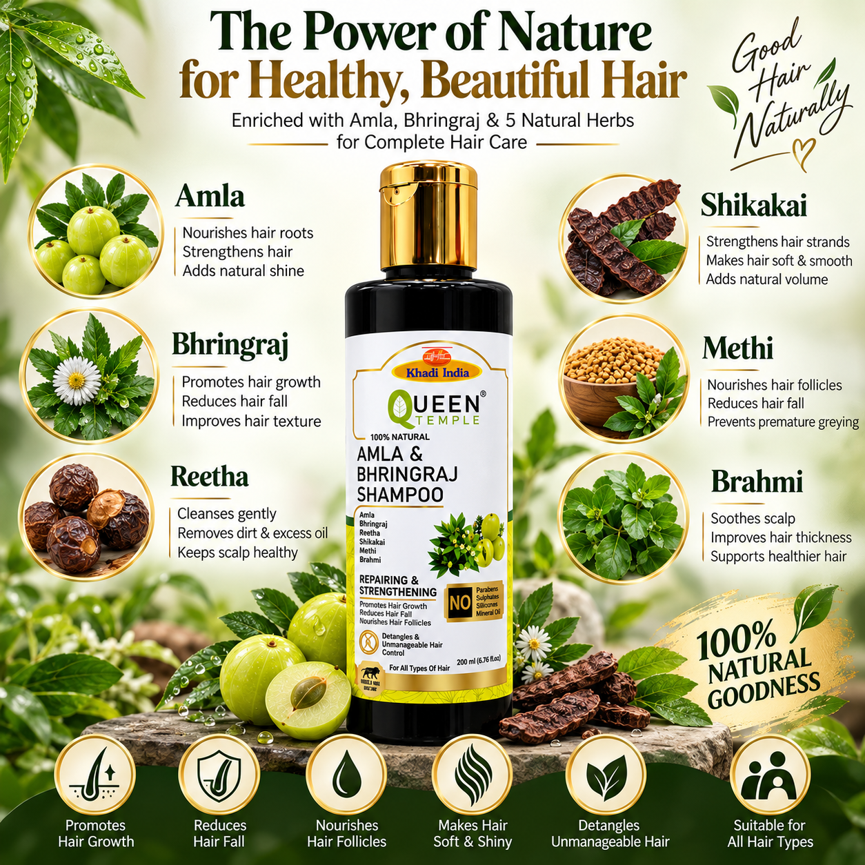 Queen Temple Khadi India Amla & Bhringraj Shampoo 200ml | Herbal Shampoo with Amla, Bhringraj, Reetha, Shikakai, Methi & Brahmi | Paraben, Sulphate & Silicone Free Hair Care | For All Hair Types - Image 4