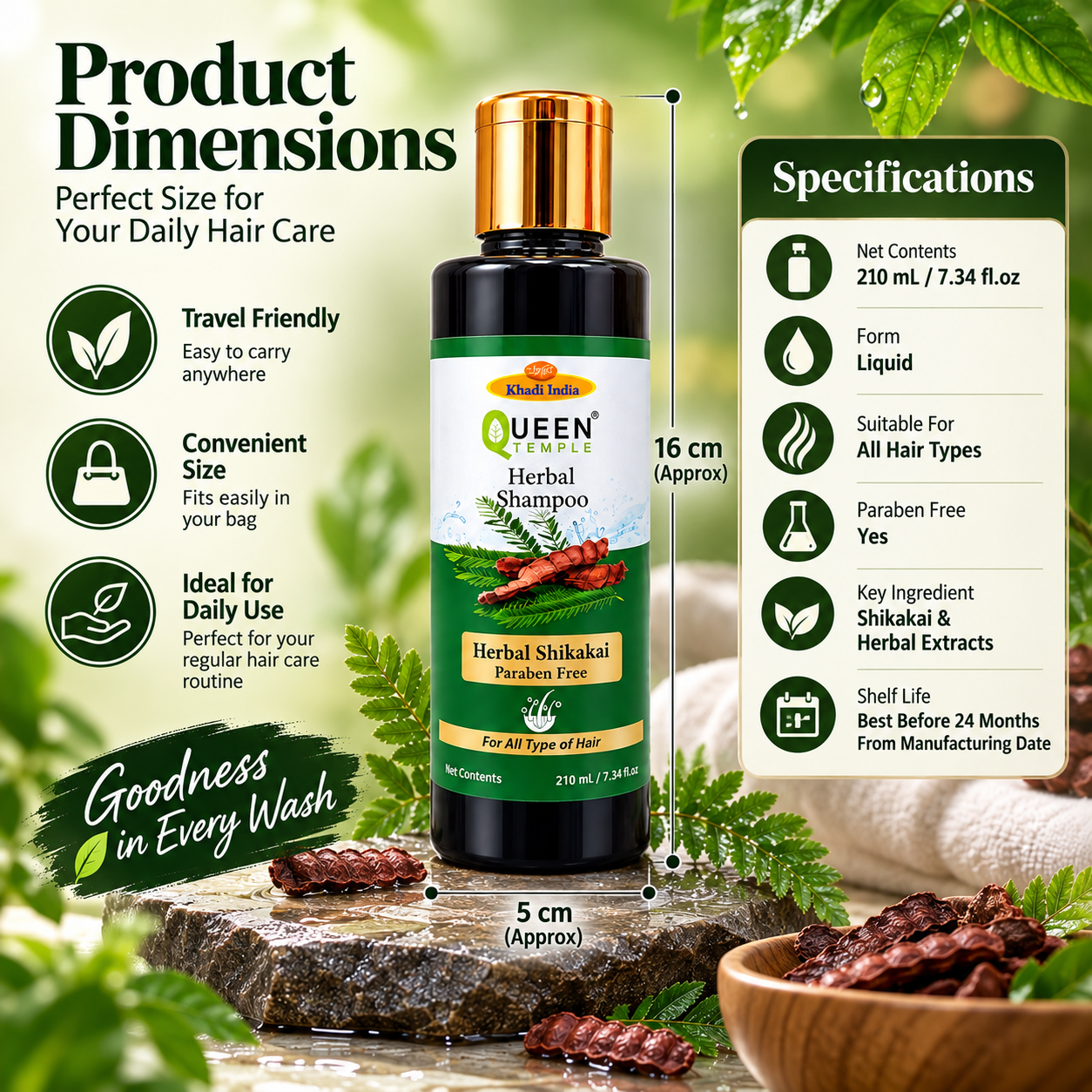 Queen Temple Khadi India Herbal Shikakai Shampoo 210ml | Herbal Shampoo with Shikakai & Natural Herbal Extracts | Paraben-Free Gentle Hair Cleanser for All Hair Types | Daily Hair Care - Image 2
