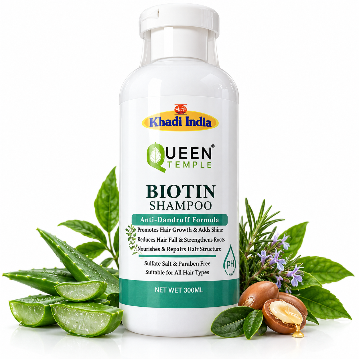 Queen Temple Khadi India Biotin Shampoo 300ml | Anti-Dandruff Herbal Shampoo with Aloe Vera, Argan Oil, Rosemary Extract, Menthol & Biotin | Sulfate Salt & Paraben Free | For All Hair Types