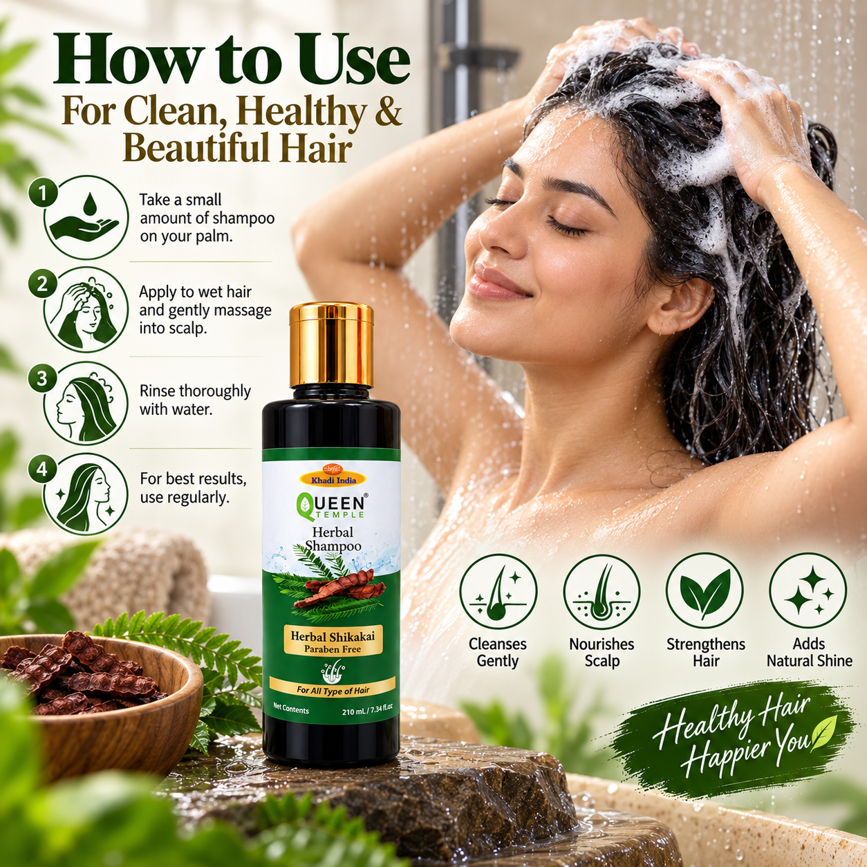 Queen Temple Khadi India Herbal Shikakai Shampoo 210ml | Herbal Shampoo with Shikakai & Natural Herbal Extracts | Paraben-Free Gentle Hair Cleanser for All Hair Types | Daily Hair Care - Image 3
