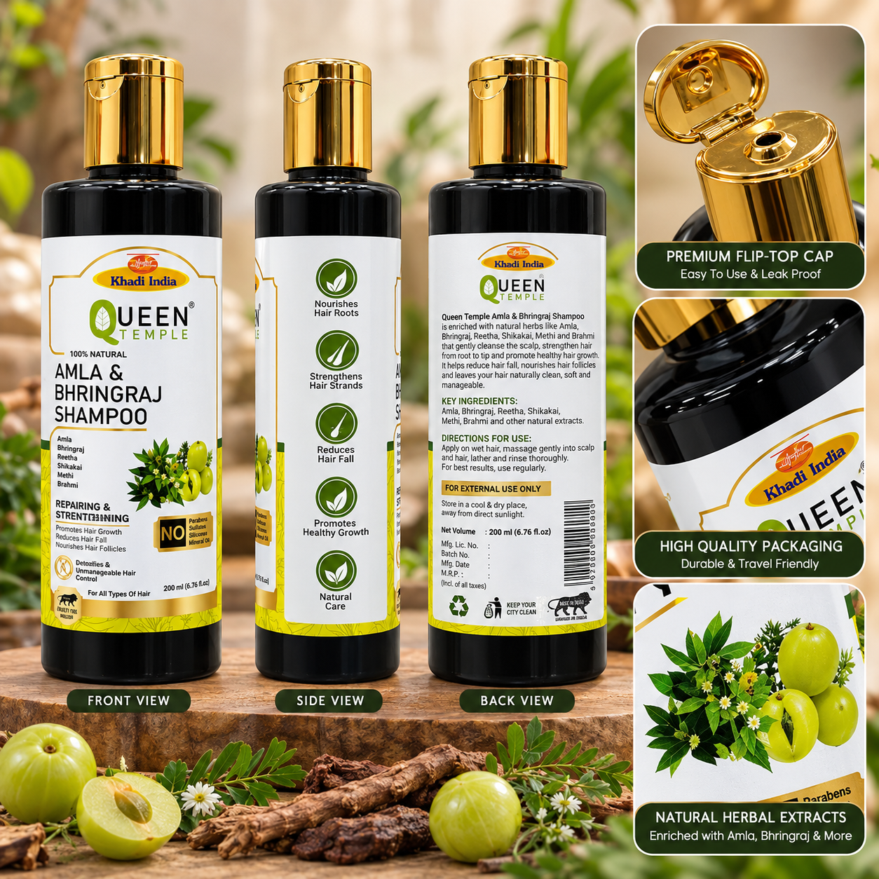 Queen Temple Khadi India Amla & Bhringraj Shampoo 200ml | Herbal Shampoo with Amla, Bhringraj, Reetha, Shikakai, Methi & Brahmi | Paraben, Sulphate & Silicone Free Hair Care | For All Hair Types - Image 3