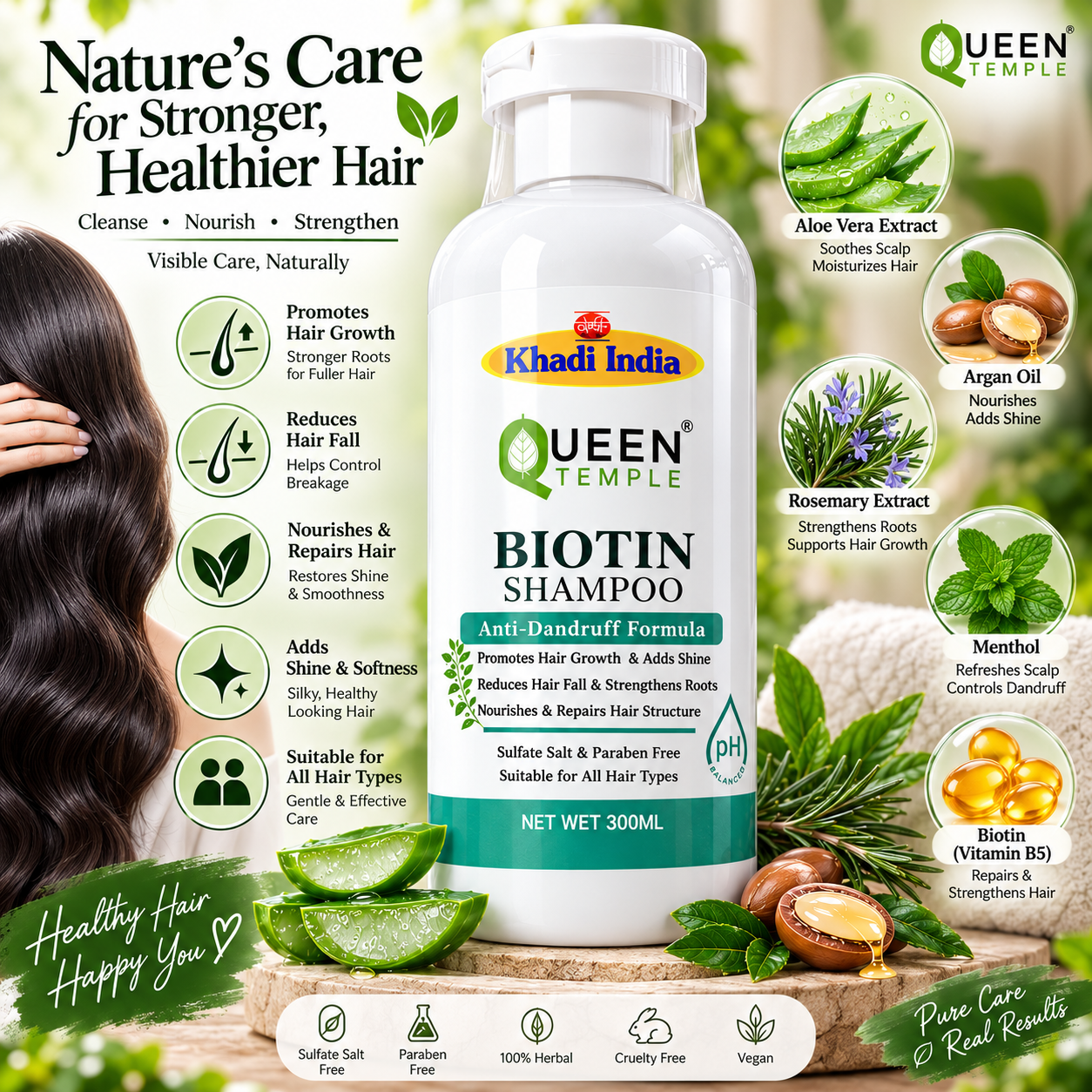 Queen Temple Khadi India Biotin Shampoo 300ml | Anti-Dandruff Herbal Shampoo with Aloe Vera, Argan Oil, Rosemary Extract, Menthol & Biotin | Sulfate Salt & Paraben Free | For All Hair Types - Image 2
