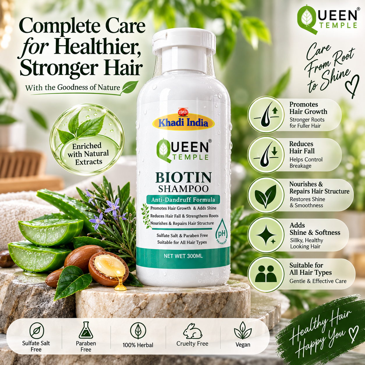 Queen Temple Khadi India Biotin Shampoo 300ml | Anti-Dandruff Herbal Shampoo with Aloe Vera, Argan Oil, Rosemary Extract, Menthol & Biotin | Sulfate Salt & Paraben Free | For All Hair Types - Image 3