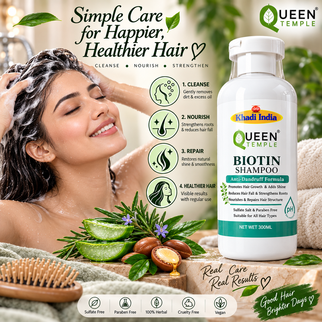 Queen Temple Khadi India Biotin Shampoo 300ml | Anti-Dandruff Herbal Shampoo with Aloe Vera, Argan Oil, Rosemary Extract, Menthol & Biotin | Sulfate Salt & Paraben Free | For All Hair Types - Image 4