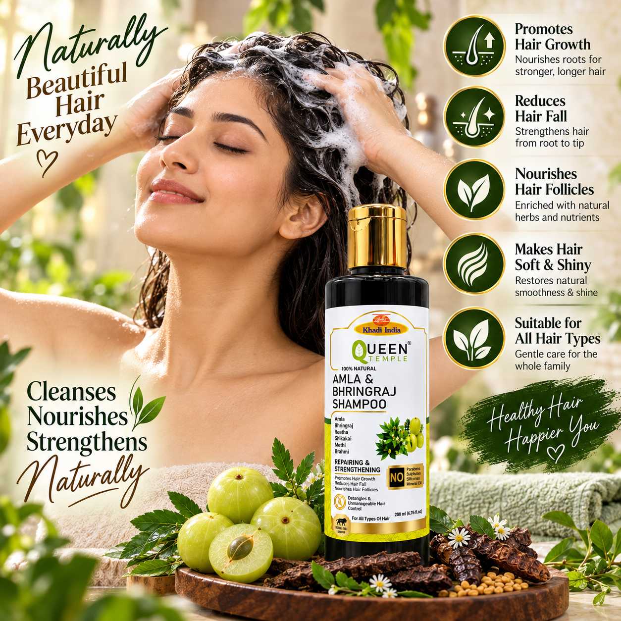 Queen Temple Khadi India Amla & Bhringraj Shampoo 200ml | Herbal Shampoo with Amla, Bhringraj, Reetha, Shikakai, Methi & Brahmi | Paraben, Sulphate & Silicone Free Hair Care | For All Hair Types - Image 2