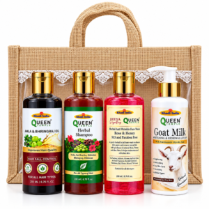 Queen Temple Herbal Hair & Skin Care Combo – Amla & Bhringraj Hair Oil 200 ml, Herbal Shampoo , Anti-Wrinkle Rose & Honey Face Wash & Goat Milk Lotion 200 ML Each