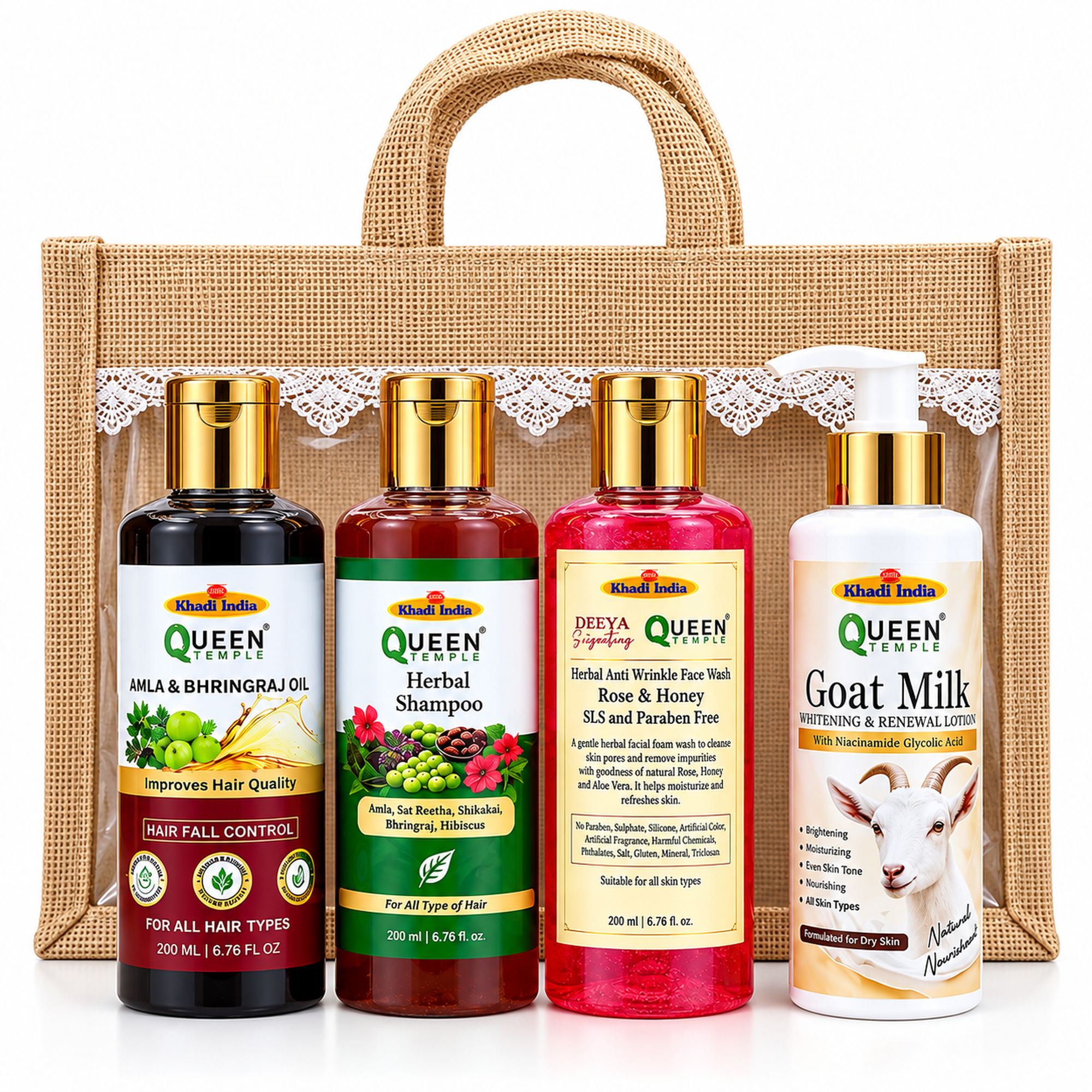 Queen Temple Herbal Hair & Skin Care Combo – Amla & Bhringraj Hair Oil 200 ml, Herbal Shampoo , Anti-Wrinkle Rose & Honey Face Wash & Goat Milk Lotion 200 ML Each