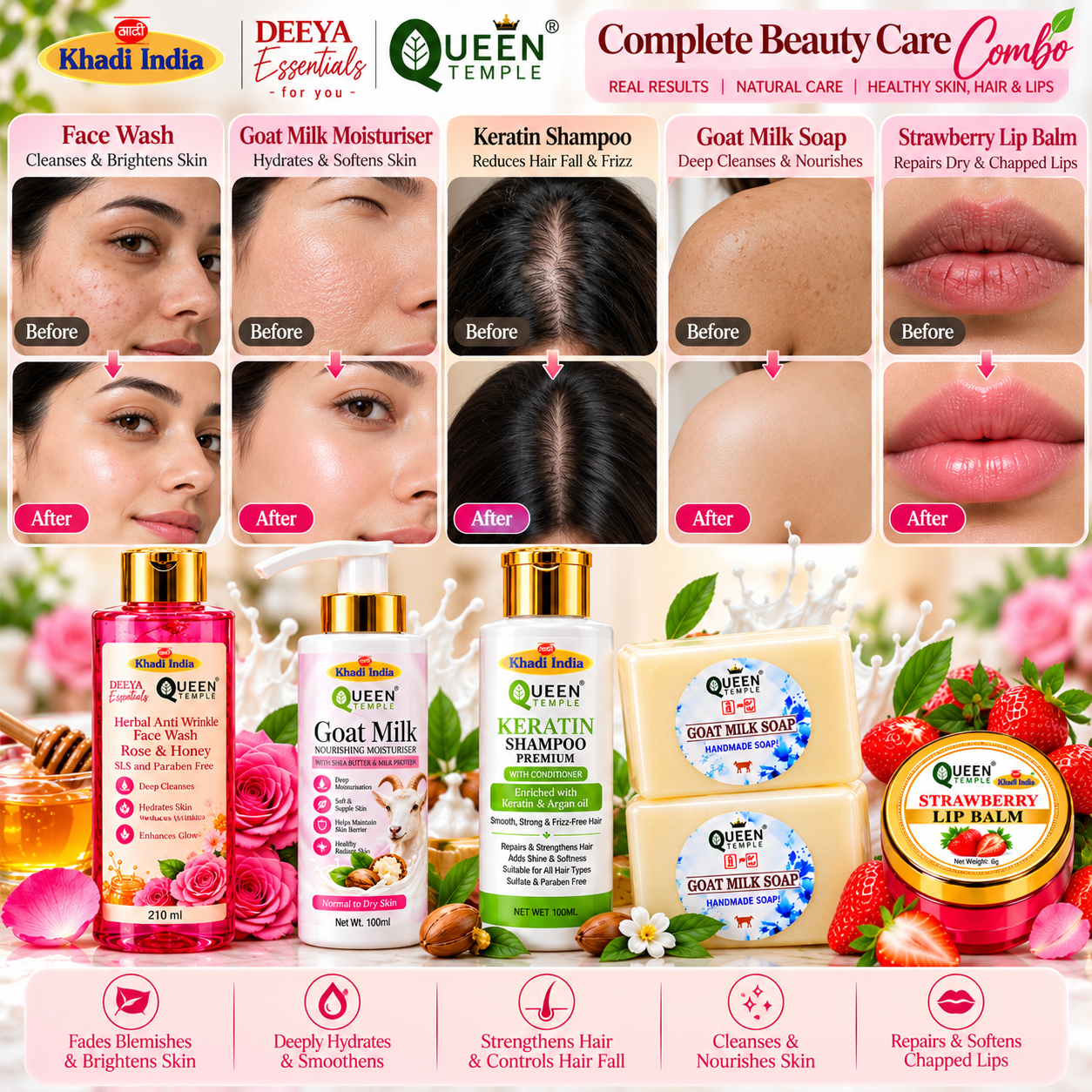Queen Temple Complete Beauty Care Combo for Women | Rose & Honey Anti Wrinkle Face Wash 210 ml, Goat Milk Moisturiser 100 ml, Keratin Shampoo with Conditioner 100 ml, Goat Milk Soap 25 g Each (Pack of 2), Strawberry Lip Balm 6 g - Image 5