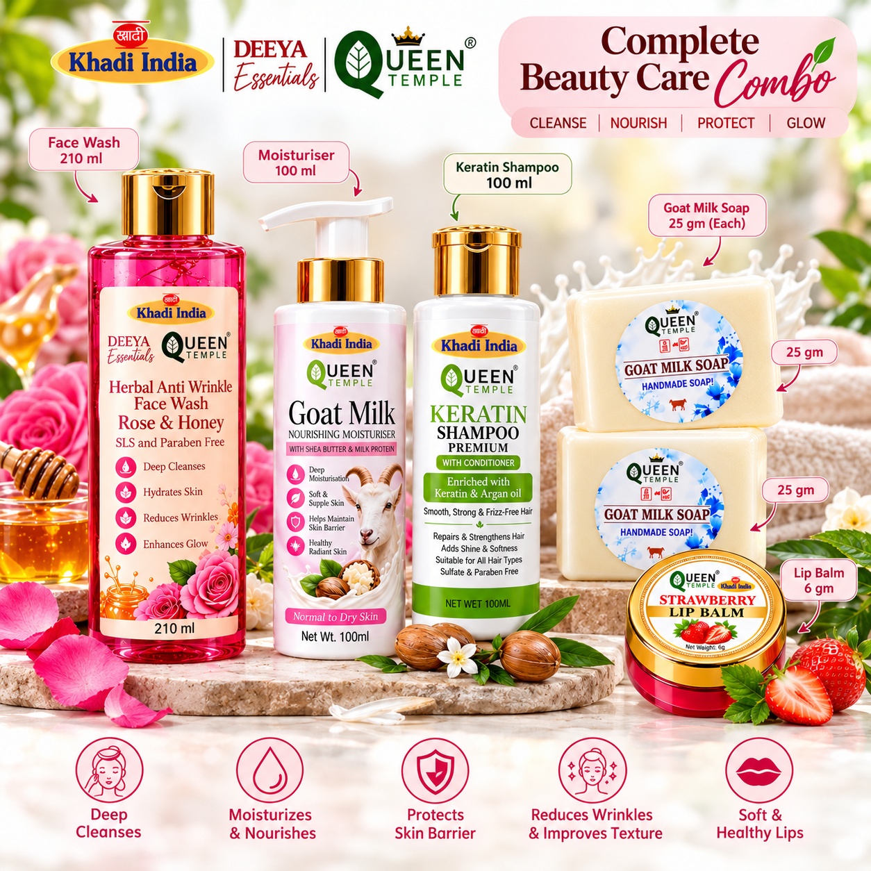 Queen Temple Complete Beauty Care Combo for Women | Rose & Honey Anti Wrinkle Face Wash 210 ml, Goat Milk Moisturiser 100 ml, Keratin Shampoo with Conditioner 100 ml, Goat Milk Soap 25 g Each (Pack of 2), Strawberry Lip Balm 6 g - Image 3