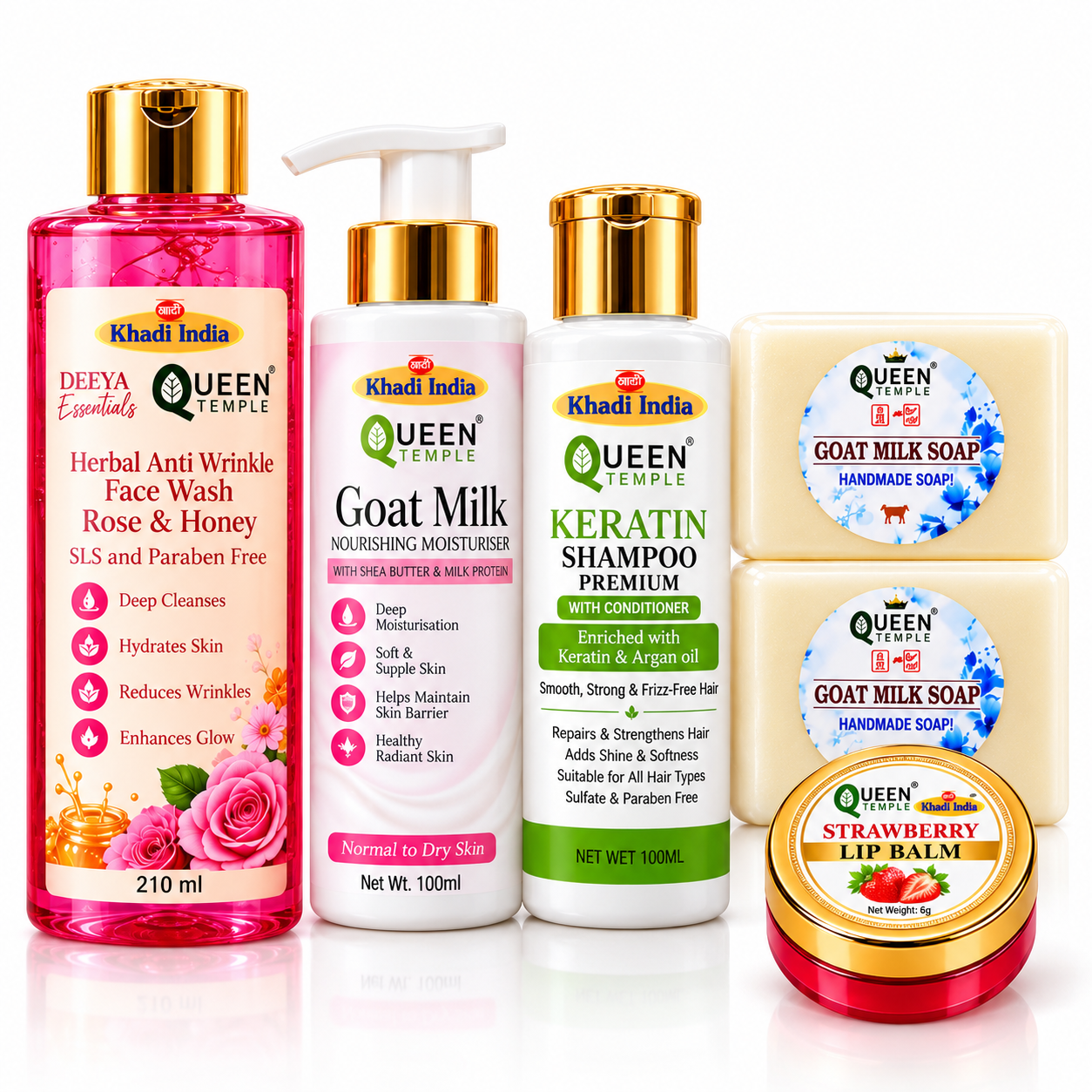 Queen Temple Complete Beauty Care Combo for Women | Rose & Honey Anti Wrinkle Face Wash 210 ml, Goat Milk Moisturiser 100 ml, Keratin Shampoo with Conditioner 100 ml, Goat Milk Soap 25 g Each (Pack of 2), Strawberry Lip Balm 6 g